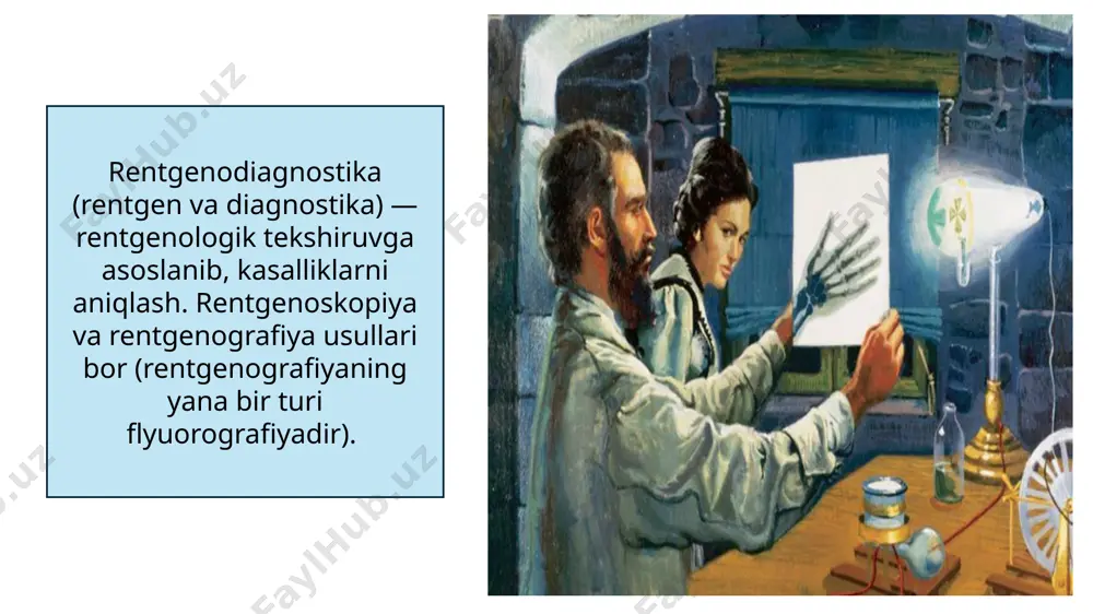 iladi. rentgendiagnostika apparatlari bir joyga o‘rnatilgan (statsionar) va ko‘chma bo’ladi. ularni qismlarga bo’lib, avtomashinada bir joydan ikkinchi joyga olib borish yoki temiryo’l vagonlariga o‘rnatish mumkin. rentgen nurlari bilan yoritilgan normada o‘pka suratining fonini o‘pka to‘qimalaridagi havo tashkil etadi. yoritilgan o‘pka to‘qimalari fonida tomirlar tuzilishi yaxshi ko‘rinadi, chunki ularda nurlarning singdirilish koeffitsenti keskin farqlanadi. umurtqa bilan ko‘krak qafasidagi limfa tugunlari normal sharoitda rentgenogrammalarda ko‘rinmaydi. yallig‘lanish, o‘sma kasalligi va boshqa jarayonlarda limfa tugunlari kattalashadi va rentgenogrammalarda ko‘rina boshlaydi. o‘pka to‘qimalarining yallig‘lanish jarayonida bronx atrofidagi biriktiruvchi to‘qimalar g‘ilofi qalinlashadi va o‘pka rentgenogrammasida bronx surati paydo bo‘ladi. ular bo‘ylama holatda o‘rtasi qorong‘u (havo) juft yorug‘ chiziq (tola) bo‘lib ko‘rinadi; ko‘idalang holatda esa o‘rtasi yorug‘ halqacha shaklida ko‘zga tashlanadi. rentgen nurlari hujayralar, to‘qimalar, organlar va umuman tirik organizmda o‘zgarishlar keltirib chiqarish xususiyatiga ega. bu o’zgarishlarda rentgen nurlari energiyasining biologik obyektda singishi ionlanish hosil bo’lishi munosabati bilan u yerda ionlashgan va notinchlangan molekulalar paydo bo‘lishidan kelib …