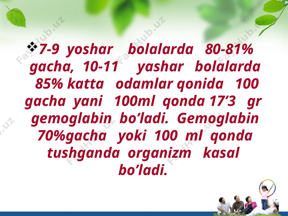 a minutlik hajmi. yurak qorinchalari bir marta qisqarganida 65 - 70 ml qonni aortaga chiqaradi. bu yurakning sistolik hajmi deb ataladi. sistolik hajmni bir minutdagi qisqarishlar soniga ko’paytirish orqali har bir yurak qorinchasining minutlik sistolik hajmini topish mumkin, ya’ni: 70 ml x 70 = 4,9 litr. yurak avtomatiyasi. tinch holatda yurak bir daqiqada 70 marta qisqaradi. bir kecha-kunduzda yurak 100000 marta qisqarib, 10 tonnaga yaqin qonni qon tomirlariga chiqarib beradi. yurak tanadan ajratilganda ham ma’lum vaqt davomida o’z-o’zidan qisqarib turadi. yurakning bu xususiyati uning muskullarida joylashgan maxsus hujayralarda muttasil paydo bo’lib turadigan qo’zg’alishlar bilan bog’liq. qon aylanish sistemasi va uning ahamiyati haqida umumiy tushuncha qon aylanish sistemasiga yurak, arteriya, kapillyarlar, vena va limfa tomirlari kiradi. yurak va tomirlar odam organizmida qonning to’xtovsiz harakatlanishini ta’minlaydi. yurakning avtomatik qisqarib va kengayib turishi natijasida qon katta arteriya va kapillyarlar (mayda qon tomirlari) orqali tananing hamma to’qima hamda hujayralariga tarqalib, so’ngra mayda, o’rta va …