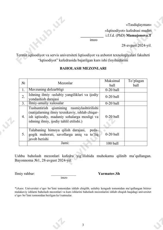 iy rahbar: _____________ yarmatov.sh imzo termiz iqtisodiyot va servis universiteti iqtisodiyot va axborot texnologiyalari fakulteti 60310100 – “iqtisodiyot (tarmoqlar va sohalar bo`yicha)” ta’lim yo’nalishi sirtqi ta’lim shakli 2-kurs s.iqt-26-23-guruh talabasi alimov asliddin erkin o’g’lining “milliy hisoblash tizimi” mavzusida yozgan kurs ishiga t a q r i z “milliy hisoblash tizimi” mavzusida yozgan kurs ishi: kirish, asosiy qism uning tarkibidagi rejalar, xulosa va takliflar, foydalanilgan adabiyotlar ro’yxatidan iborat. kurs ishining kirish qismida mavzuning dolzarbligi, ishning o’rganganlik darajasi, kurs ishining maqsad va vazifalari, ishning nazariy va uslubiy asoslari ko’rsatib berilgan. kurs ishining asosiy qismi to’rtta rejadan iborat bo’lib: 1. milliy hisoblash tizimining mazmuni va uni shakllantirish zarurati 2. milliy hisoblash tizimining institutsional birliklar asosida qurilishi 3. tarmoqlar kesimida milliy hisoblar tizimini qo‘llash amaliyoti 4. iqtisodiy siyosatni shakllantirishda milliy hisoblar tizimidan foydalanish istiqbollari kurs ishining xulosa va takliflar qismida asosiy qismida tahlil qilingan barcha qismlarini umumlashtirgan holda xulosa keltirilgan va takliflar berilgan. kurs …