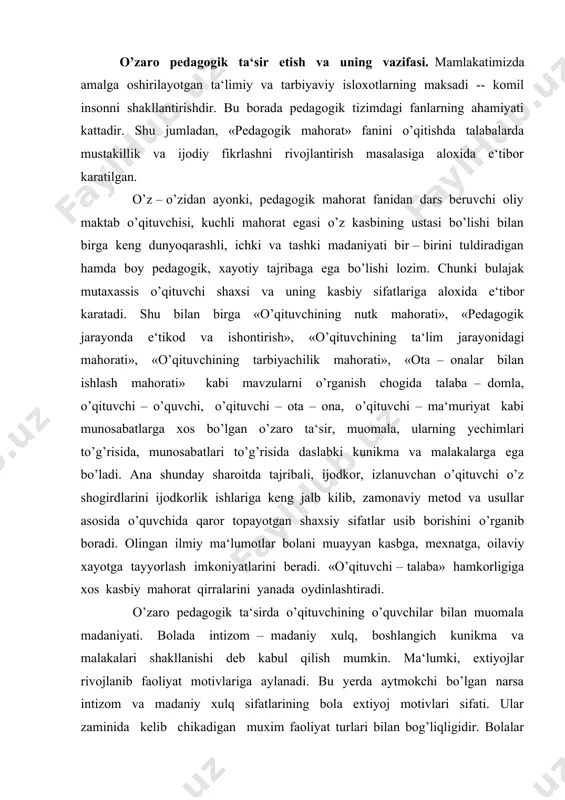 ilan muomala madaniyati. bolada intizom – madaniy xulq, boshlangich kunikma va malakalari shakllanishi deb kabul qilish mumkin. ma‘lumki, extiyojlar rivojlanib faoliyat motivlariga aylanadi. bu yerda aytmokchi bo’lgan narsa intizom va madaniy xulq sifatlarining bola extiyoj motivlari sifati. ular zaminida kelib chikadigan muxim faoliyat turlari bilan bog’liqligidir. bolalar boskichma –boskich emotsional – xissiy, ijtimoiy, o’quv, foydali ish, yexnat faoliyatlarini utaydilar. har bir ma‘lum yoshda yukorida zikr etilgan bir faoliyat turi muxim bo’ladi va bola shaxsi rivojlanishida xal kiluvchi ahamiyatsha ega bo’ladi. bolalar dastlab faoliyat turi bilan shug’ullanishar ekan, natijalar samarali bo’lishi, xatti – harakatlar zarurligi, shuningdek ushbu faoliyat jarayonida bashqa tengdoshlari, kattalar bilan to’g’ri shaxslararo munosabatlarga qirra bilish bilan ham bog’liqligini amaliyotda o’zlashtirib oladi. o’qituvchi o’quvchilari bilan shaxslararo intizom va madaniy xulq tarbiyasini muvaffakkiyatli amalga oshirish uchun o’qituvchi tashkaridan turib ta‘sir etish usullaridan emas, balki o’quvchining muxim faoliyati yakin rivojlanish chegarasi bilan bog’liq bo’lgan extiyoj – motivlar tizimi maksadlarini rivojlantirish uslublari …