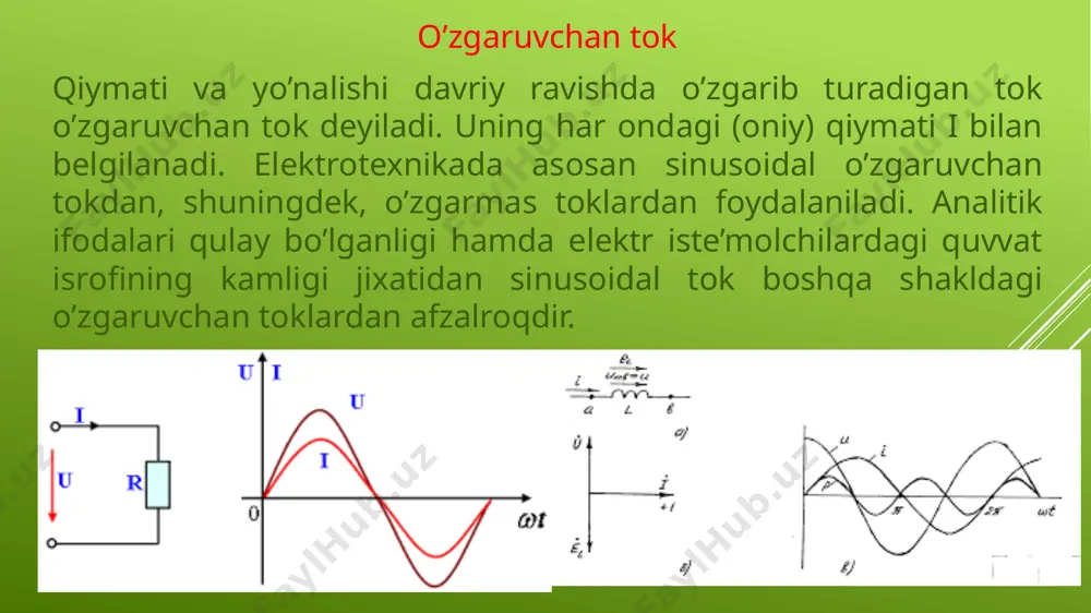 r qismalari deyiladi. tok chulgʻamining generator qismasi manba tarafga ulanadi. kuchlanish chulgʻamining generator qismasi agarda yuklamaning qarshiligi nisbatan katta boʻlsa manba tarafga (a-rasm) va nisbatan kichik boʻlsa yuklama (b-rasm) tarafga ulanadi. uch fazali elektr zanjirlarida aktiv quvvatni oʻlchash bizga elektrotexnikaning nazariy asoslari fanidan maʻlumki uch fazali elektr zanjirlari uchun aktiv quvvatning formulasi umumiy holda (nosimmetrik yuklama) quyidagicha yoziladi: agarda simmetrik yuklama boʻlsa: p=3pf, chunki pa=pv=pc . bundan koʻrinadiki simmetrik yuklamali uch fazali elektr zanjirlarida bitta vattmetr bilan har qanday fazasi quvvati oʻlchanib uchlansa uch fazali zanjir quvvati topiladi. buni bitta vattmetr usuli deyiladi. 5.4-rasmda isteʻmolchilari yulduz ulangan sxema keltirilgan. koʻp hollarda neytral nuqtaga yoki uchburchakning tomonlariga vattmetrni ulashga mumkin boʻlmay qoladi. bunday hollarda vattmetr sunʻiy neytral nuqta orqali ulanadi. uch fazali zanjirning quvvatini aniqlash uchun vattmetr koʻrsatgan quvvat pw uchga koʻpaytiriladi. xulosa men bu mavzuni mustaqil o’rganish davomida bir fazali elektr toki, sinusoidal toklar, uch fazali sinusoidal toklar, bir fazali …