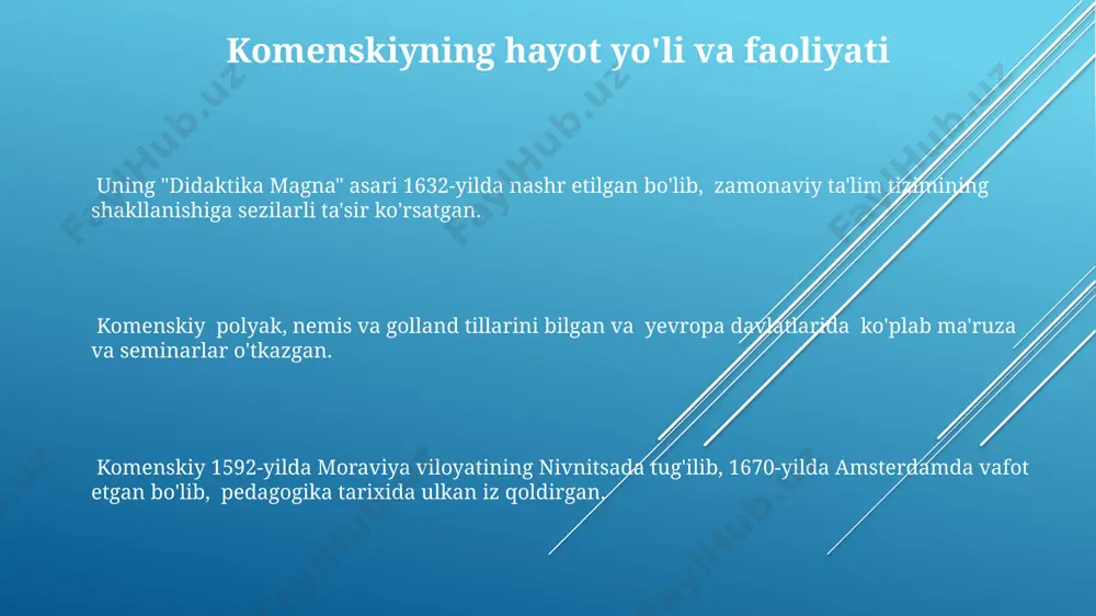 ikasi, 17-asrda yevropada keng tarqalib, maktab ta’limining rivojiga sezilarli hissa qo'shdi va ko'plab davlatlarda, jumladan, rossiya va g'arbiy yevropa mamlakatlarida o'quv dasturlari va metodlarini shakllantirishga ta'sir ko'rsatdi. komenskiy pedagogik tizimining asosiy g'oyalari komenskiyning sensomotor oʻrganish uslubiga asoslangan "didaktika magnusiyasi" 1657-yilda amsterdamda chop etilgan va koʻplab tillarga tarjima qilingan. komenskiy pedagogikasi 17-asrda moravada paydo boʻlib, universal taʼlim tizimini 3 bosqichga (ona tili, lotin tili va yuqori sinflar) boʻlishni taklif qilgan. uning didaktikasi "hamma hamma narsani oʻrganishi kerak" degan tamoyilga asoslangan boʻlib, 150 dan ortiq kitob va qoʻllanmalar yozgan. e'tiboringiz uchun rahmat @taqdimot_robot