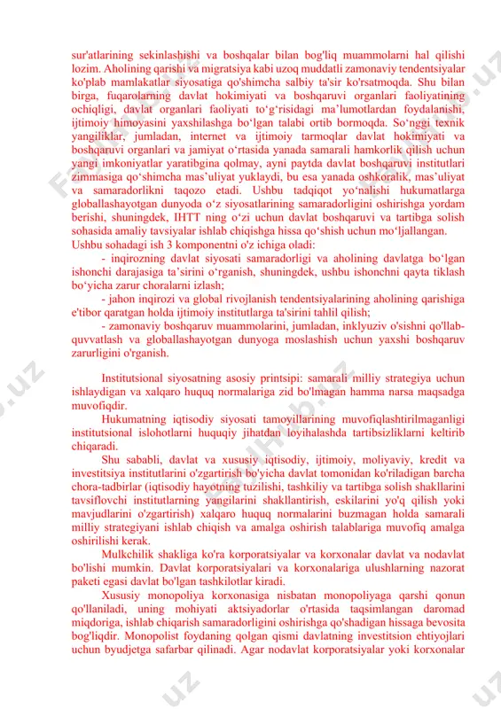 tutlarni o'zgartirish bo'yicha ko'riladigan chora-tadbirlar (ijtimoiy tuzilmaning tuzilishini, iqtisodiy hayotni tashkil etish va tartibga solish shakllari tavsiflovchi iqtisodiy elementlar) xisoblanadi. iqtisodiy institutlarning o'zgarishi iqtisodiy islohotlar jarayonida, masalan, markazlashgan iqtisodiyotdan bozor iqtisodiyotiga o'tish davrida sodir bo'ladi. inqiroz davrida davlat ko'plab o'tkir qisqa muddatli muammolarni, masalan, ishsizlik darajasining o'sishi, byudjet taqchilligining o'sishi, o'sish sur'atlarining sekinlashishi va boshqalar bilan bog'liq muammolarni hal qilishi lozim. aholining qarishi va migratsiya kabi uzoq muddatli zamonaviy tendentsiyalar ko'plab mamlakatlar siyosatiga qo'shimcha salbiy ta'sir ko'rsatmoqda. shu bilan birga, fuqarolarning davlat hokimiyati va boshqaruvi organlari faoliyatining ochiqligi, davlat organlari faoliyati to‘g‘risidagi ma’lumotlardan foydalanishi, ijtimoiy himoyasini yaxshilashga bo‘lgan talabi ortib bormoqda. so‘nggi texnik yangiliklar, jumladan, internet va ijtimoiy tarmoqlar davlat hokimiyati va boshqaruvi organlari va jamiyat o‘rtasida yanada samarali hamkorlik qilish uchun yangi imkoniyatlar yaratibgina qolmay, ayni paytda davlat boshqaruvi institutlari zimmasiga qo‘shimcha mas’uliyat yuklaydi, bu esa yanada oshkoralik, mas’uliyat va samaradorlikni taqozo etadi. ushbu tadqiqot yoʻnalishi hukumatlarga globallashayotgan dunyoda …