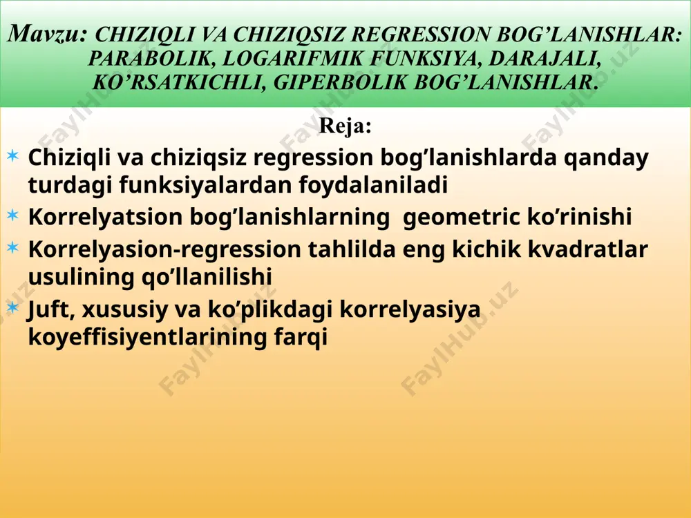 juft, xususiy va ko’plikdagi korrelyasiya koyeffisiyentlarining farqi nimadan iborat? qaysi hollarda korrelyasiya indeksi qo’llaniladi? regressiya koyeffisiyentlarining iqtisodiy mohiyati nimadan iborat? “eng kichik kvadratlar usuli” ning mohiyatini tushuntirib bering. normal tenglamasini yechish usullarini tushuntirib bering. real iqtisodiy jarayonlar bo’yicha turli xildagi bog’lanishlarga 10 ta misol tuzing. image2.emf image3.emf image4.emf image5.emf image6.emf image7.emf image8.emf image9.emf image10.png image11.emf image12.emf image13.png image14.tmp image15.tmp image16.tmp image17.tmp image18.tmp image19.tmp image20.tmp image21.tmp image22.tmp image23.tmp image24.tmp image25.tmp 2. ikkinchi darajali parabola 2 210 xaxaay                . , , 2 4 2 3 1 2 0 3 2 2 10 2 210 xyxaxaxa xyxaxaxa yxaxana (1.2) 1. chiziqli funksiya y = a 0 +a 1 x           . , 2 10 10 xyxaxa yxana (1.1) 3. kubik parabola 3 3 2 210 xaxaxaay    …