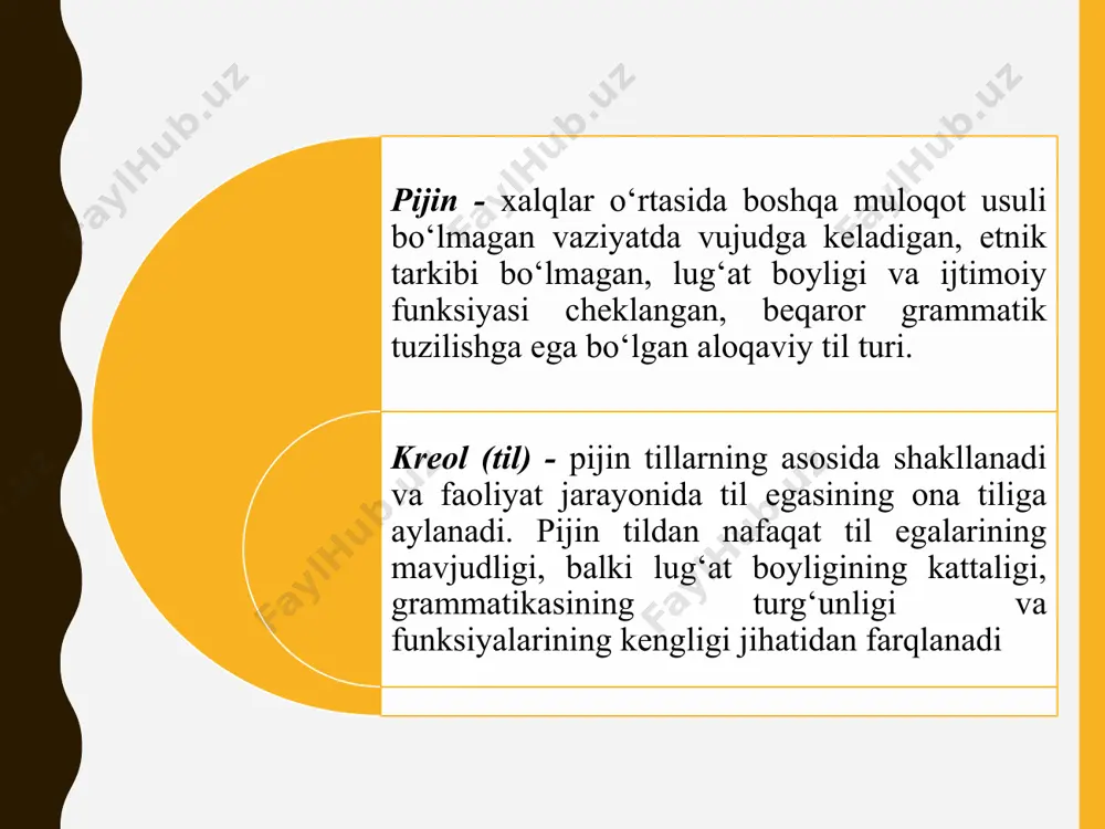 ib, prepijinning barqarorlashuvi va uni pijingga o‘tish jarayonida etnolektlar (etnik guruhlar)ning yaqinlashuvi yuzaga keladi. ularda ham, o‘z navbatida, idiolektlar (bir til sohibi nutqining fonetik, grammatik, leksik va uslubiy xususiyatlari)ning bir xillashuvi kuzatiladi. agar prepijinda so‘zlashuvchilar soni doimiy bo‘lmasa, ular prepijindan onda-sonda foydalanishsa, prepijin barqarorlashish darajasiga yetmaydi va uzoq vaqt davomida faoliyat ko'rsata olmaydi. pijin turlari va ularning tadrijiy rivojlanishi hozirgi kunda 50 dan ortiq pijin ma‘lum bo‘lib, ularning aksariyati janubiy-sharqiy osiyo, okeaniya, afrika, karib dengizi hududlarida tarqalgan. pijinlar, odatda, hududlarning bosib olinishi, savdo-sotiqning kengayishi, rivojlanishi, shuningdek, ommaviy ko‘chishlar natijasida yuzaga keladi. pijinlar rivojlanishining ilk davrida tor doiradagi muloqotlarning kichik ehtiyojlariga xizmat qilgan. an’anaviy jamiyatda ular savdo-sotiq ehtiyojlarini qondirishda, ayrim hollarda keng kommunikativ vazifalarda qo‘llaniladi. shuni ta’kidlash joizki, yer sharining barcha burchaklarida savdo-sotiq pijinlarini uchratish mumkin. eng qadimiy pijinlar sirasiga yevropa leksik bazasida vujudga kelgan o‘rtayer dengizi sabirini kiritish mumkin. sabir pijini xii asrdan boshlab yevropaliklarning arablar, keyinchalik esa turklar bilan …