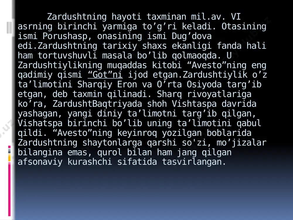 ota-ona keksalar maslahatiga quloq solingan va ularga ravshan andisha bilan qaralgan. yaxshi bilan yomonni ajratishga diqqat qilingan. har bir erkak va ayol fursatni boy bermay, o’zi to’g’ri yo’lni tanlashi, tokim hayoti pok xiradmand yor bilan o’tadishi maslahat qilingan. zardushtiylikda ko'pxotinlik qat'iy man etilgan. ayni paytda hayotni bo'ydoq o'tkazish ham qoralangan. balog'atga yetgan qiz bola ota-ona, jamoaning ra'yini pisand qilmay, o'zidan zurriyot qoldirishni istamay, qasddan turmushga chiqmay umrguzaronlik qilib yursa, u qopga solinib, 25 darra kaltaklanish bilan jazolangan; yigit zurriyot qoldirish qobiliyati bo'la turib, ataylab uylanmay yursa, uni badnom qilinish maqsadida har doim temir kamar bog'lab yurishga majbur qilingan. zardusht quyidagicha murojaat etadi:“endi men sizlarga shaxsan murojaat etaman: pandimga quloq soling va aytganlarimni xotirangizga muhrlab qo’ying. halollik bilan kun kechirish yo’lida g’ayrat va shijoatli bo’ling. har biringiz yaxshi xulqingiz bilan mehr qo’ying, tokim muqaddas er-xotinlikni xursandlik va xushbaxtlik bilan o’tkazing. ayol huquqini tahqir etmoq yomon amaldir, u nodonlik belgisidir. ey mardum, …