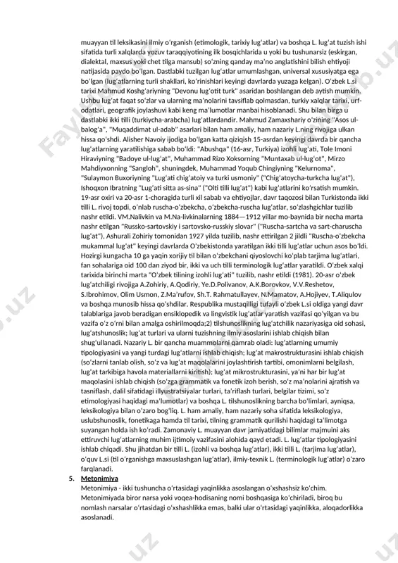 t ovozli n.dagi soʻzlar haqidagi aniq tasavvurlar bilan kechadigan ak/shy jarayonlar tarzida amalga oshadi. yozma n. ogʻza-ki n.dan bir qadar shakllanganligi, soʻzlarning oʻta sinchkovlik bilan tanlab olinishi, grammatik jihatdan aniq, lekin murakkab shakllanganligi, ogʻzaki n. uchun xos boʻlgan ohang , mimika va qoʻl harakatlarining bevosita qoʻllana olmasligi bilan farqlanadi. n.ning monologik (qarang monolog) va dialogi k (qarang dialog) turlari mavjud. n. aloqa-aralashuv vazifasidan tashqari yana boshqa vazifalar, chunonchi, poetik vazifa ham bajarishi mumkin. n.ning alohida koʻrinishi oʻqishdir. har bir kishining nutq individual, oʻziga xos xususiyatlarga ega boʻladi; va-holonki, asosiy til unsurlari — lugʻat tarkibi va grammatik qurilishi yakka shaxslargagina tegishli boʻlmay, umumnikidir, yaʼni muayyan til jamoasiga umuman taalluqyai boʻladi. n. kishi tafakkuri, uning ongi bilan chambarchas bogʻliqdir. n.da kishining oʻy-fikrlari shakllanadi va mavjud boʻladi. n. tufayli va n. asosida borliqni umumlashgan holda mavxumiy aks ettirish, individuallik doirasidan chiqib, jamoatchilik mahsuliga aylanadigan mantiqiy tushunchaviy fikrlash mumkin boʻladi. n. kishi ruhiyatining boshqa …
