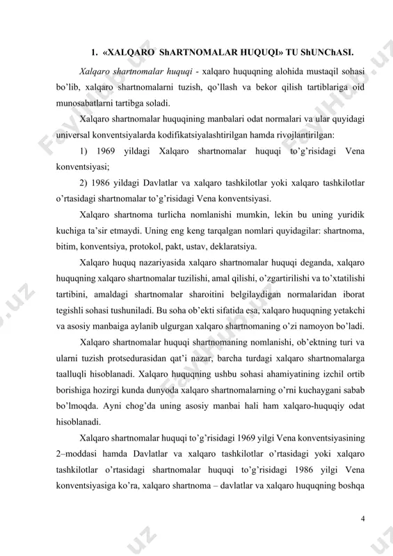 echa o’zaro bog’liq hujjatlarda bo’lishidan hamda uning aniq nomlanishidan qat’i nazar, yozma shaklda tuzilgan va xalqaro huquq tomonidan tartibga solinadigan bitimdir[footnoteref:3]. [3: odilqoriev. x. t, ochilov b. e. xozirgi zamon xalqaro huquqi. darslik. – jidu, 2002. – 143 b.] xalqaro huquq nazariyasida xalqaro shartnoma deganda, ikki yoki undan ortiq davlatlar yoxud xalqaro huquqning boshqa sub’ektlari o’rtasida ularning siyosiy, iqtisodiy yoki boshqa munosabatlari borasidagi o’zaro huquq va majburiyatlarining o’rnatilishi, o’zgartirilishi yoki to’xtatilishini ko’zda tutuvchi bitim tushuniladi. xalqaro shartnomalar shartnoma tomonlarining o’zaro huquq va majburiyatlarini aniq va puxta belgilab olish uchun tuziladi. xalqaro munosabatlarning shartnomalar orqali mustahkamlanishi xalqaro huquqning tartibot barqarorligini ta’minlaydi. xalqaro shartnoma xalqaro huquqning asosiy manbai hisoblanadi. xalqaro shartnoma – xilma-xil bitimlarni qamrab oluvchi tushuncha bo’lib, ular turlicha: shartnoma, bitim, pakt, traktat, konventsiya, deklaratsiya, kommyunike, prtokol va shu kabi nomlar bilan atalishi mumkin. u yoki bu nomning aniq belgilangan ma’no-mazmuni mavjud emas. qanday nomlanishidan qat’i nazar, barcha xalqaro shartnomalar bir …