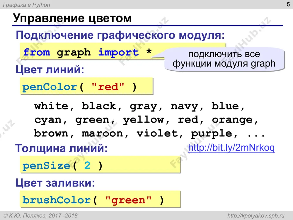 штриховка * (x1, y1) (x2, y2) (x3, y2) a h (x3+a, y1) line( x1+h, y1, x1+h-a, y2); line( x1+2*h, y1, x1+2*h-a, y2); line( x1+3*h, y1, x1+3*h-a, y2); ... x x-a сначала: x = x1 + h в цикле: x += h как найти a и h? ? как меняется x? ? графика в python  к.ю. поляков, 2017 -2018 http://kpolyakov.spb.ru очень сложная штриховка * (x1, y1) (x2, y2) hx hy n y x y line( x1, y1+hy, x1+hx, y1+hy) ; line( x1, y1+2*hy, x1+2*hx, y1+2*hy); line( x1, y1+3*hy, x1+3*hx, y1+3*hy); ... сначала: x = x1+hx y = y1+hy в цикле: x += hx y += hy как найти hx и hy? ? графика в python  к.ю. поляков, 2017 -2018 http://kpolyakov.spb.ru задания * «3»: ввести с клавиатуры количество линий, построить фигуру и выполнить штриховку: «4»: ввести с клавиатуры количество линий, построить фигуру и выполнить штриховку: графика в python  к.ю. …