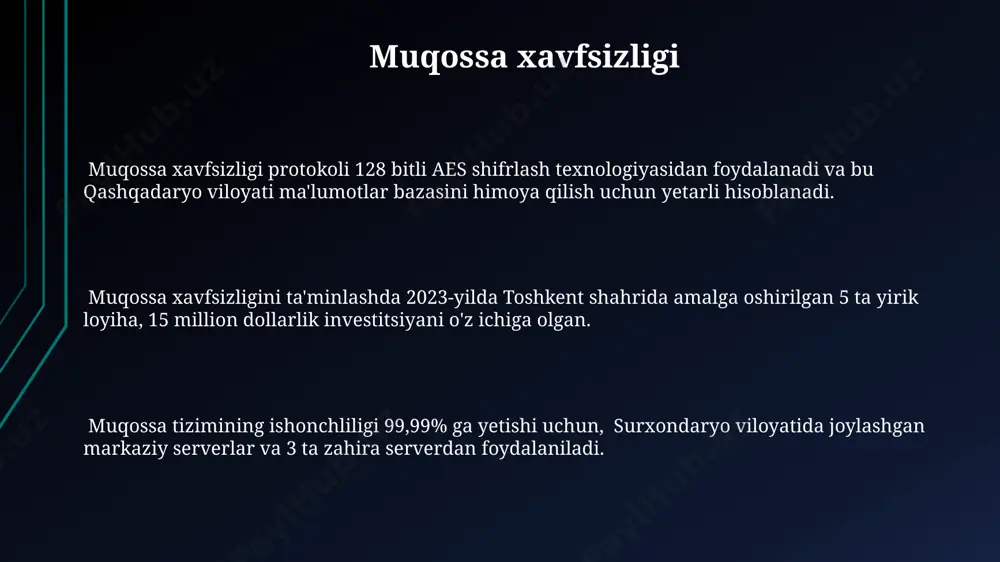 il miqdori barqaror ravishda o'sadi. muqossa va boshqa usullar qashqadaryo viloyatining paxtaobod tumanida o'tkazilgan tajribalar shuni ko'rsatdiki, muqossa usuli bilan ekilgan paxta hosildorligi, boshqa an'anaviy usullar bilan solishtirganda, o'rtacha 20% yuqori bo'lgan. muqossa texnologiyasini an'anaviy sug'orish usullari bilan taqqoslaganda, suv sarfini 25% ga kamaytirish va 1 gektar yerga 100 kg gacha urug' sarfini tejash imkoniyati mavjud. muqossa usuli samarqand viloyatida 2022-yilda 150 ga yaqin dehqon xo‘jaliklarida 300 ga yaqin gektar maydonda qo‘llanilib, hosildorlikning 15% ga oshishiga yordam bergan. muqossa xususiyatlari muqossa tayyorlash texnologiyasi 5 bosqichdan iborat bo'lib, har bir bosqichda ma'lum harorat va namlik sharoitlari saqlanadi, bu esa mahsulot sifatiga 15% gacha ta'sir ko'rsatadi. muqossa tarkibida 20 dan ortiq turli xil organik birikmalar mavjud bo'lib, ularning ba'zilari faqat o'zbekistonning ayrim hududlarida, masalan, farg'ona vodiysida yetishtiriladigan o'simliklardan olinadi. muqossa tarkibidagi 3-5% ni tashkil etadigan efir moylari uning xushbo'y hidini va terapevtik xususiyatlarini belgilaydi, bu esa uni dunyoning 10 dan ortiq mamlakatida …