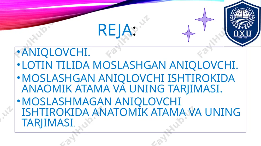 o’zbek tiliga ot yoki sifgat tarzda tarjima qilinadi. masalan: sulcus nervi - nerv egati crista tuberculi - do’mboqcha qirrasi os cranii - kalla suyagi moslashmagan aniqlovchi o’zbek tilidan lotin tiliga tarjima qilinganda ega birinchi o’rinda keladi, aniqlovchi o’zi aniqlagan otdan keyin keladi. masalan: umurtqa tanasi - corpus vertebra nima? - tana (b.k) nimaning?-umurtqaning (q.k) misoldan ko’rinib turibdiki, birinchi ot “umurtqa”ni lotiga tarjima qilganda bosh kelishikda, ikkinchi ot “tana” ni qaratqich kelishikda yozishimiz kerak . tarjima qilamiz:nom. corpus vertebrae moslashmagan aniqlovchili atamani kelishiklar bo’yicha turlanganda faqat aniqlovchi so’z o’zgartirib , moslashmagan aniqlovchi esa o’zgarmasdan qoladi. nom. corpus vertebrae gen. corpi vertebrae o’zbek tiliga tarjima qiling. spina scapula, skeleton membri, ossa cranii, caput fibulae, angulus mandibulae, basis cranii, tuber maxillae, sulcus sinus, linea nuchae, septum nasi, vena portae, raphe palati, corpus tibiae, processus radii, fossa glandulae (lacrimalis), chorda tympani, os difgiti, tuberositas ulnae, aquaeductus vestibuli, caput radii, ossa trunci. lotin tiliga tarjima …