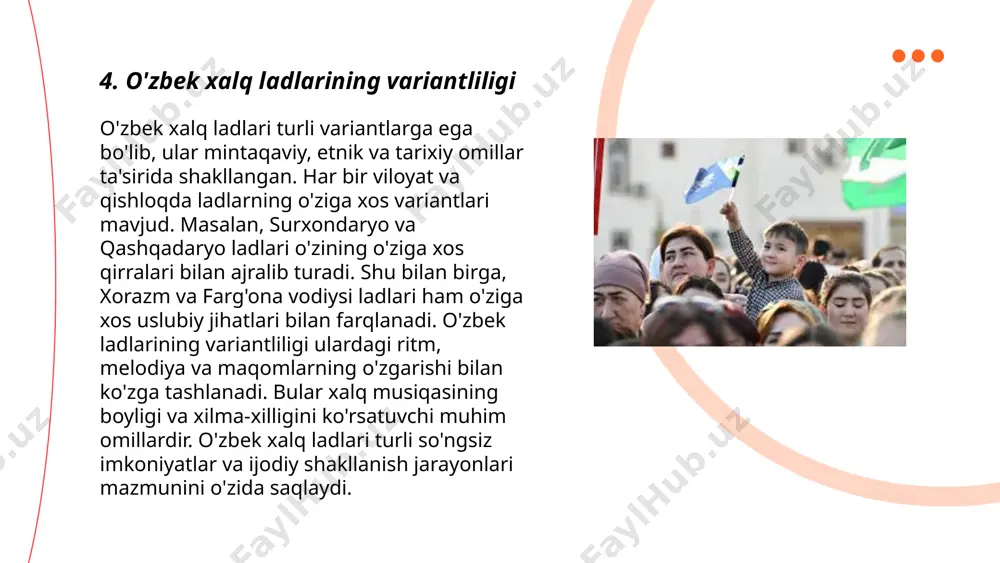 hang yoki kayfiyat yaratish uchun ishlatiladi. masalan, o'zbek xalq qo'shiqlarida modulyatsiya asosan kuchayish va susayish usullari orqali amalga oshiriladi. ushbu usullar ijrochining ovoz diapazonidan kelib chiqib tanlanadi. ba'zi qo'shiqlarda tonallikning keskin o'zgarishi qo'shiqning dramatik ta'sirini oshirishda muhim rol o'ynaydi. xalq musiqalari ansambllari modulyatsiya orqali turli cholg'u asboblarining kombinatsiyasini yaratishadi, bu esa umumiy ijroning boy va rang-barang bo'lishiga yordam beradi. ... t.me/slaydai_bot 11. milliy qo'shiqlardagi melodik liniyalar o'ziga xos xususiyatlarga ega. bu qo'shiqlar odatda an'anaviy usullarda ijro etiladi va xalqning madaniy merosini aks ettiradi. har bir mintaqa o'ziga xos melodiyalarga ega bo'lib, masalan, farg'ona vodiysi yoki buxoro mintaqalarida turli musiqiy shakllar uchraydi. melodik strukturasi odatda pentatonik shkala asosida qurilgan bo'lib, xromatik unsurlar kamdan-kam qo'llaniladi. ushbu qo'shiqlar ko'pincha o'zbek xalqining hayoti, tarixiy voqealari va urf-odatlarini ifodalaydi. tinglovchiga umid, sevgi yoki qayg'u tuyg'ularini yetkazuvchi emotsional boylikka ega bo'ladi. ... t.me/slaydai_bot lad invariantliligi musiqada muhim tushuncha bo‘lib, u turli ladlarning bir-biriga aylanishini anglatadi. bu …