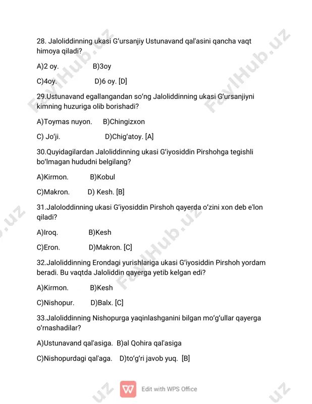 ʻng jaloliddinga kimlar hiyonat qiladi? a)amin malik. b)muzaffar malik c)sayfiddin oʻgʻroq. d)"a" va "c" javoblar turi. [d] 63."gardiz" qayerda joylashgan? a)gʻaznadan 50km sharqda b)kobuldan 50km sharqda c)marvning shimoliy qismida d)toʻgʻri javob yuq. [a] 64.gardizdagi jangda moʻgʻul askarlariga kim boshchilik qiladi? a)shiki xutuxu. b)taynol bayon c)joʻji. d)oʻrxon. [d] 65.gardizdagi jangdan soʻng jaloliddin qayerga chekinadi? a)eronga. b) sind(hind) c)afgʻoniston. d)ozarbayjon. [b] 66.jaloliddin sindga chekinganidan soʻng chingizxon uni orqasidan ta'qib eta boshlaydi.shunda qaysi hudud moʻgʻullarga qattiq qarshilik koʻrsatadi? a)qandahor qal'asi. b)balx c)hirot. d)bomiyon qal'asi. [d] 67.chingizxonning suyukli nevarasi mutulk chingizxonning qaysi oʻgʻlini farzandi boʻladi? a)chigʻatoy. b)joʻji c)tulu. d)oʻqtoy. [a] 68.moʻgʻullar bosib olgan qaysi hudud keyinchalik "moʻbaliq" deb atalgan? a)urganch. b)buxoro c)bomiyon qal'asi. d)samarqand. [c] 69."moʻbaliq"soʻzining ma'nosi? a)ahmoqona. b)muqaddas c)jinnilik. d)toʻgʻri javob yuq. [a] 70.sind jangi necha kun davom etadi? a)5 kun. b)3 kun c)7 kun. d)9 kun. [b] 71.sind jangi qachon boʻlib oʻtadi? a)1219-yil. b)1220-yil c)1221-yil. d)1222-yil. [c] 72.sind jangida nechanchi kunga kelib …