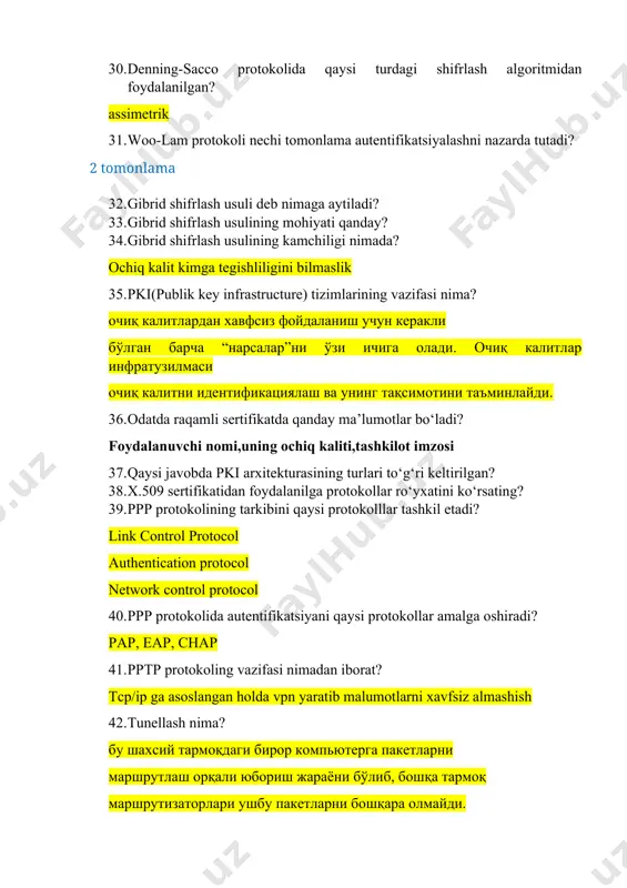p сатҳларида фойдаланилиши мумкин. 47. ssh protokolining kengaytmasi to‘g‘ri ko‘rsatilgan javobni toping? 48. pgp protokolidan nima maqsadda foydalaniladi? 49. openpgp standarti qaysi tashkilot tamonidan ishlab chiqarilgan? 50. pgp protokolida xabar butunligi qaysi algoritm asosida ta’minlanadi? 51. pgp protokolida xabarni imzolashda qaysi algoritmdan foydalaniladi? 52. pgp protokolida foydalaniladigan sessiya kalitining uzunligi nechi bit? 53. pgp protokolida sessiya kaliti qaysi algoritmda shifrlab uzatiladi? 54. pgp protokolida ma’lumotni siqishda qaysi algoritmdan foydalaniladi? 55. smtp protokoli nechinchi yilda ishlab chiqarilgan? 56. smtp qaysi tarmoqqa moljallangan protokol? 57. smtp qaysi port orqali xabar yuboradi va qabul qiladi? 58. mijoz/server muhitida fayllar almashishni ta’minlovchi protokol qaysi? 59. ftp serveri so‘rovlarini qaysi port orqali qabul qiladi? 60. ftp protokolining muammolarini ko‘rsating? 61. kds bu -? 62. kerberos protokolini obrosizlantirishda nima muhim ahamiyatga ega? 63. kerberos protokolida takrorlashdan himoyalash nimaga asoslanadi? 64. kerberos protokolida vaqtning og‘ishi qancha? 65. kerberos protokolida sessiya kaliti kim tominidan yaratiladi? 66. ipsec protokolining …