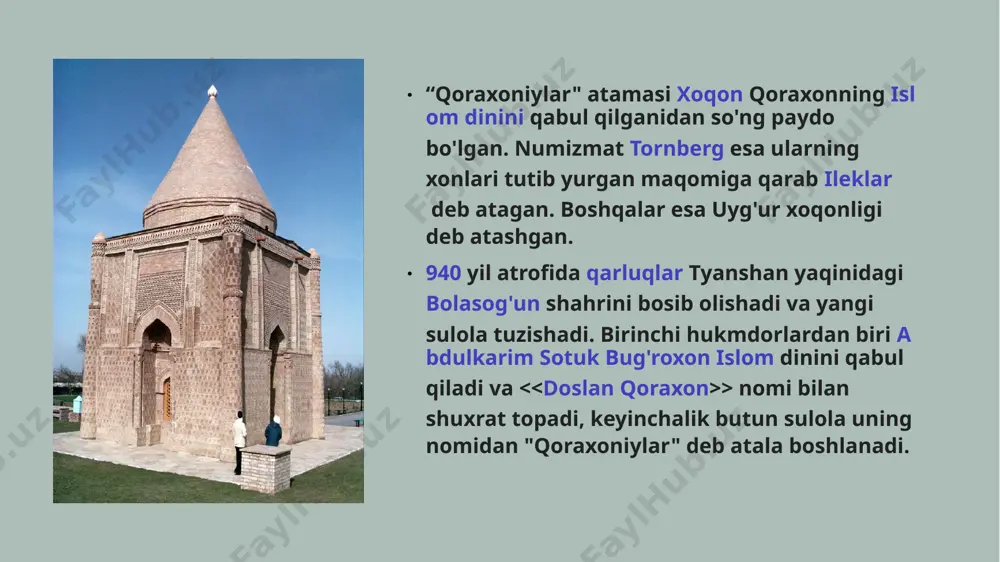 kmdorlar) tomonidan nisbatan mustaqil tarzda idora qilingan (masalan, samarqand, buxoro, yettisuv va boshq.). eloqxonlar tegishli miqdordagi yillik xiroj yoki to’lovlarni markaziy hokimiyat hukmdori - tamg’achxonga yuborib, amalda o’z mulklarini mustaqil boshqarganlar. qoraxoniylarning movarounnahrdagi hukmronligi murakkab ijtimoiy-siyosiy vaziyatda, turli sulolaviy urushlar, ziddiyatli jarayonlar girdobida kechgan. ayniqsa xonlikning muhim hayotiy markazlari hisoblangan samarqand, buxoro, balx va termiz kabi joylarni qo’lga kiritish uchun saljuqiylar, qoraxitoylar bilan ko’p bor urush harakatlari olib borilgan. xususan, saljuqiylarning so’nggi podshohi sulton sanjar (1118-1157) qoraxoniylarning movarounnahrdagi hukmdori arslonxon (1102-1130)ning zaiflashib qolganligidan va mahalliy ruhoniylar fitnasidan foydalanib, samarqand va uning atroflarini bosib oladi. shundan so’ng qoraxoniylar sulolasiga mansub mahalliy xonlar amalda sulton sanjarga tobe bo’lib qoladilar. biroq ko’p o’tmay bu hududlar yangidan sharqdan bostirib kelgan qoraxitoylar ta’siriga tushib qoladi.faqat 1211-yilga kelib, ya’ni xorazmshoh alouddin muhammad (1200-1220) davrida qoraxoniylarning movarounnahrdagi rasmiy boshqaruvi butunlay barham topadi. qoraxoniylar davrida movarounnahrning ijtimoiy-iqtisodiy hayotida bir qator muhim o’zgarishlar yuz beradi. birinchidan, qoraxoniylar o’lkani zabt …