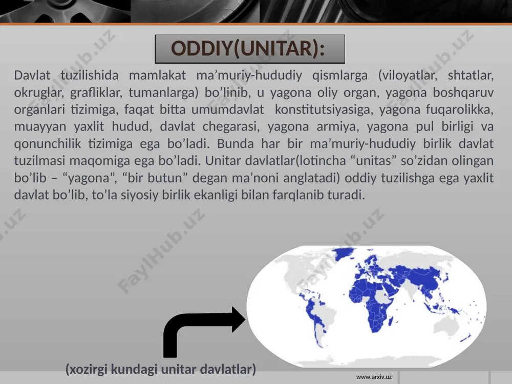 klining elementlari uyg’unligi namoyon bo’ladi. birlashgan arab amirligi yetti amirlik – abu-dabi, dubay, sharja, ajman, umm ul-qayvayn, al-fujayra va ra’s ul-xaymadan iborat bo’lib, hokimiyatning oliy organi – amirlikning shayxlaridan iborat oliy kengash hisoblanadi. noan’anviy monarxiya: www.arxiv.uz www.arxiv.uz respublika: respublika (lotincha respublisa - xalq ishi) - davlat hokimiyati aholi muayyan muddatga saylab qo’yadigan organlar tomonidan amalga oshiriladigan boshqaruv shaklidir. respublika ham monarxiya singari muayyan tarixiy xususiyatga ega. boshqaruv respublika shaklining bir qancha turlari mavjudligi tarixdan ma’lum. ular quldorlik sharoitlaridayoq namoyon bo’la boshlagan edi. demokratik respublika afina davlatida (eramizgacha v-iv asrlar) mavjud bo’lgan. buni jamiyatning ijtimoiy tarkibi, quldorlikning shu yerga xos xususiyati, ya’ni ozod afinaliklarni qulga aylantirishning istisno etilganligi, quldor jamoalar bo’lganligi, davlat boshqaruvining samarali tizimi mavjudligi bilan izohlash mumkin edi. sparta (eramizgacha v-iv asrlar) va rim davlati (eramizgacha v-ii asrlar) aristokratik respublikalar hisoblanadi. davlat sifatida ular ko’proq aholining aristokratik qismi manfaatlarini ifodalardi. kapitalizm davri parlamentar respublikasi hamda prezidentlik respublikalarni vujudga keltirdi. …