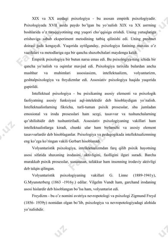 ydizm - bu o’z nomini avstriya nevropotologi va psixologi zigmund freyd (1856- 1939y) nomidan olgan bo’lib, psixologiya va nevropotologiyadagi alohida yo’nalishdir. freyd ta’limotiga ko’ra, shaxs psixologik hayotining asosi jinsiy lazzat olishga qaratilgan, tug’ma ongsiz mayl(instinkt)dir. lekin tarixan tarkib topgan odat, ahloqiy prinsiplar tufayli, ijtimoiy «senzura»ning mavjudligi tufayli bu mayil to’g’ridan-to’g’ri to’siladi. shuning uchun ham ba’zi kishilarda bu ongsiz tabiiy mayil bilan anglab turilgan vaziyat o’rtasida ichki ruhiy konflikt (to’qnashuv) paydo bo’ladi. bu to’qnashuvlar ba’zan barqaror asab kasalligiga (nevrozga) olib keladi. kishilik jamiyatida ko’pchilik kishilarning hayoti va taraqqiyoti prosessida bu tabiiy ongsiz mayil energiyasi mehnat faoliyatiga aqliy va ijodiy faoliyatga qaratiladi va sarf etiladi. hayotning yuksak sohasiga energiyaning shu tariqa ko’chirilishini sudlimasiya deb ataladi. freydning ayrim shogirdalari uning ta’limotiga ba’zi bir o’zgarishlar kiritganlar. masalan, adolf adler (1870-1937y.) fikricha, seksual (jinsiy) mayil emas, psixik hayotning asosini, balki ustunlikka, hokimmiyatga, boshqa kishilar ustidan hukumronlik qilishga bo’lgan tabiy mayil tashkil qiladi. geshtalt psixologiya, yoki …