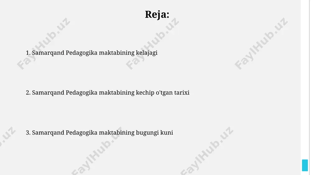 hun xalqaro standartlarga mos keluvchi, ilg'or baholash tizimi, shu jumladan, 360 daraja baholash tizimi qo'llanilmoqda. maktabda stem yo'nalishi bo'yicha 20 dan ortiq yangi fanlar joriy etilgan bo'lib, ular talabalarning raqobatbardoshligini oshirishga qaratilgan. xalqaro hamkorlik va aloqalar xalqaro hamkorlik va aloqalar bo'limi 50 dan ortiq xorijiy universitetlar bilan hamkorlik shartnomalarini amalga oshirgan, bu talabalarning xalqaro almashinuv dasturlarida ishtirok etish imkoniyatlarini kengaytiradi. xalqaro hamkorlik va aloqalar bo'limi jahon miqyosidagi 3 ta nufuzli reyting tashkilotlarining ma'lumotlariga ko'ra, universitetning xalqaro reytingini 20% ga oshirishga hissa qo'shdi. pedagogik kadrlar tayyorlash maktabda o‘qituvchilarni kasbiy rivojlantirish dasturlari mavjud bo‘lib, ularning 80% dan ortig‘i xalqaro standartlarga mos keladi. zamonaviy texnologiyalar va innovatsion pedagogik usullarni qo‘llash orqali, maktab yiliga o‘rtacha 300 dan ortiq yangi pedagog mutaxassislarni tayyorlaydi. samarqand pedagogika maktabining tarixi 1990-yillardan so'ng maktab samarqand davlat universiteti tarkibiga kiritildi va pedagogika yo'nalishi bo'yicha bakalavr va magistr darajalarini beruvchi yirik fakultet sifatida faoliyatini davom ettirmoqda, yillik bitiruvchilar soni 500 dan …