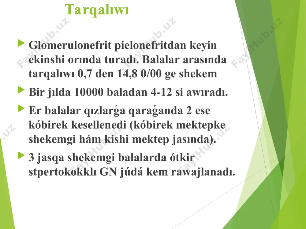 ama menen 5-10 % ti proteinuriyaǵa iye, nefrotik sindromga tán (40 mg/m2 kún den artıq ). ádette proteinuriya 6 aydan keyin joǵaladı. ol 15% nawqaslarda 3 jılǵa shekem anıqlanadı, al 2 % te – 10 jılǵa shekem, biraq bul topardı xronik glomerulonefritli nawqaslar razryadına ótkeriwge keńes etiledi. jetekshi simptomlar hám sindromlar patogenezi ósgn tiń 100% jaǵdayında gematuriya boladı. búyrektegi isiniw processinde klubochkalardıń kapillyarları diywallarınıń ótkiziwsheńligi asadı, olardıń pútinligi buzıladı. usıǵan baylanıslı eritrocitler per diapedesum yamasa tamırdıń jarılıwı sebepli (kemrek), klubochkalardı qaplap turǵan, kapsulalarǵa kirip, keyininen kanalshalar arqalı ótip hám aqırǵı sidikke túsedi. jetekshi simptomlar hám sindromlar patogenezi intensivligi boyınsha gematuriya hár qıylı bolıwı múmkin. 70-80% jaǵdaylarda makrogematuriya boladı (sidik kúshli chay, kofe, kola reńindey), ayrım waqıtlarda mikrogematuriya bolıwı múmkin (eritrocitler tek sidik shókpesin mikroskopiyalaǵanda kórinedi). jetekshi simptomlar hám sindromlar patogenezi cilindruriya - isiniw ekssudatında belok sidiktiń kislotalı reakciyasında búyrek kanalshalarında, iriwi múmkinligi sebepli payda boladı, olardıń formaların iyelep – gialinli …