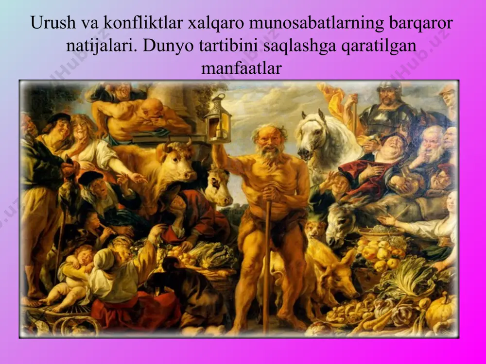 or “politics among nations” nomli kitobini yozgan siyosiy realizmning olti tamoyil asoschisi hisoblanadi ba’zilar morgentaoni fan sifatidagi xalqaro munosabatlarning asoschisi deb ta’riflaydi. bundan oldin ushbu tushunchalar tarix, siyosat va xalqaro huquq doirasida organilgan. 26 1-tamoyil siyosiy realizm shuni anglatadi siyosat tub mohiyati insonga qaratilgan qonunlar tomonidan boshqariladi.jamiyatni tushunish uchun o’sha jamiyatdagi qonunlarni tushunish bu qonunlarning kerakligni tushunish kerak.bu qonunlarni insonlar faqatgina muvaffaqiyatsizlik vaziyatidagina o’zgartira oladilar. 2 - tamoyil 3- tamoyil siyosiy realizmda xalqaro siyosat kuch, qudrat me’zonlari orqali boshqariladi. bularning barchasi xalqaro siyosatda zanjir bo’lib xizmat qiladi. realizmga bo’lgan qiziqishning tub mohiyatini maqsadga ega bo’lgan kuch kategoriyalari tashkil etadi. lekin bu har qanday vaziyatda mos keladi degani emas. realizm bu siyosatni tushunish demakdir. 4- tamoyil 5- tamoyil siyosiy realizm bu siyosiy harakatlardan mantiqan xabardor bo’lishdir. bu yana aqliy buyruq va muvoffaqiyatli siyosiy harakatlarning kerakligini tushunish orasidagi tushunchadir. siyosiy realizm aqliy huquqlar bilan dunyoni boshqaradigan ma’lum bir millatning qiziqishlarini rad etadi. …