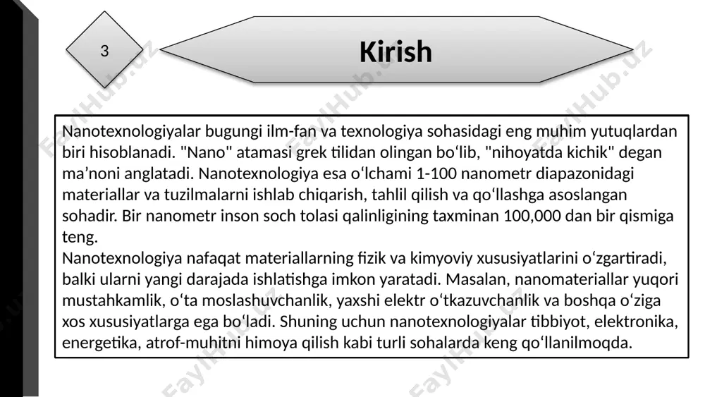 kumush nanozarralari esa antibakterial xususiyatlarga ega bo‘lgani sababli tibbiyotda va dezinfeksiya vositalarida ishlatiladi. keramika asosli nanomateriallar yuqori haroratga chidamliligi va kimyoviy barqarorligi bilan mashhur. ushbu nanomateriallar asosan aviatsiya, kosmonavtika va yuqori haroratli qurilmalarda qo‘llaniladi. ular kuchli issiqlik qarshiligi va mexanik mustahkamligi bilan ajralib turadi. 8 9 texnologik usuliga ko‘ra sinflanishi nanotexnologiyalarni ishlab chiqarish usuli ularning samaradorligi va qo‘llanish sohasini belgilaydi. ushbu sinflanishda asosan "yuqoridan pastga" (top-down) va "pastdan yuqoriga" (bottom-up) yondashuvlari ajratib ko‘rsatiladi. har bir yondashuv o‘ziga xos afzalliklar va cheklovlarga ega bo‘lib, ular nanotuzilmalarni yaratishda keng qo‘llaniladi. 10 texnologik usuliga ko‘ra sinflanishi "yuqoridan pastga" yondashuvi katta strukturalarni nano-o‘lchamlargacha qisqartirish tamoyiliga asoslanadi. ushbu texnikada katta materiallar mexanik, kimyoviy yoki fizik usullar yordamida mayda qismlarga ajratiladi. masalan, litografiya, ionli o‘yish yoki lazer yordamida kesish usullari orqali nano-o‘lchamli yuzalar va tuzilmalar yaratiladi. bu usul yuqori aniqlikka ega bo‘lsa-da, jarayon murakkab va qimmatga tushishi mumkin. shuningdek, materialning xossalarini boshqarish imkoniyati cheklangan bo‘ladi. "pastdan …
