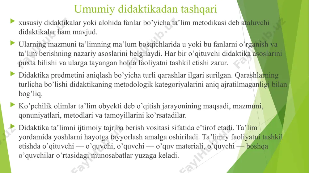 da «idrok etish», «o’zlashtirish», «mahorat», «rivojlanish» va boshqalar (psixologiya) hamda «boshqarish», «qayta aloqa» (kibernetika) kabi turdosh fanlarga xos bo’lgan tushunchalar ham qo’llaniladi. didaktikaning tushunchali-terminologik tizimi muntazam yangilanib va to’ldirilib borilmoqda. didaktikaning asosiy kategorivalari quyidagilardan iborat: dars, bilim olish, ta’lim, bilim, ko’nikma, malaka, ta’lim maqsadi, ta’lim mazmuni, ta’lim jarayoni, ta’lim jarayonini tashkil etish, ta’lim turlari, shakllari, metodlari va vositalari, ta’lim natijasi. so’nggi paytlarda asosiy didaktik kategoriyalar sirasiga ta’limning didaktik tizimi va ta’lim texnologiyasi kabi tushunchalarni ham kiritish taklifi ilgari surilmoqda. 1) bilim— shaxsning ongida tushunchalar, sxemalar, ma’lum obrazlar ko’rinishida aks etuvchi borliq haqidagi tizimlashtirilgan ilmiy ma’lumotlar majmui; 2) bilim olish — idrok etish, o’rganish, mashq qilish va muayyan tajriba asosida xulq-atvor hamda faoliyat ko’nikma, malakalarining mustahkamlanib, mavjud bilimlarning takomillashib, boyib borish jarayoni; 3) ko’nikma— olingan bilimlarga asoslanib qo’yilgan vazifalar va shartlarga binoan bajariladigan harakatlar yig’indisi; 4) malaka — ongli xatti-harakatning avtomatlashtirilgan tarkibiy qismi; 5) ta’lim — o’quvchilarga nazariy bilimlarni berish asosida …