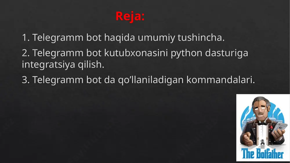 tining asosiy imkoniyatlari keltirilgan: yangi bot yaratish botfather orqali yangi bot yaratish uchun /newbot komandasi yuboriladi. botfather sizdan yangi botning nomini va username'ini so'raydi va uni yaratgandan so'ng sizga botning api tokenini beradi. bu token botni dasturiy jihatdan boshqarish uchun ishlatiladi. men sizga telegram botlarini yaratishda va boshqarishda yordam bera olaman. agar siz bot api uchun yangi bo'lsangiz, qo'llanmani ko'ring (https://core.telegram.org/bots). siz ushbu buyruqlarni yuborish orqali meni boshqarishingiz mumkin: / newbot - yangi bot yaratish / mybots-sizning botlarni tahrirlash botlarni tahrirlash / setname - bot nomini o'zgartirish / setdescription-bot tavsifini o'zgartirish / setabouttext-o'zgartirish bot haqida ma'lumot / setuserpic-bot profil rasmini o'zgartirish / setcommands-buyruqlar ro'yxatini o'zgartirish / deletebot-botni o'chirish bot sozlamalari / token-avtorizatsiya tokenini yaratish / bekor qilish - bot kirish tokenini bekor qilish / setinline-inline rejimini almashtirish (https://core.telegram.org/bots/inline) / setinlinegeo-inline manzil so'rovlarini almashtirish (https://core.telegram.org /bots/inline#location-based-results) / setinlinefeedback - inline teskari o'zgartirish (https://core.telegram.org/bots/inline#collecting-feedback) sozlamalar / setjoingroups - sizning bot guruhlarga qo'shilishi …