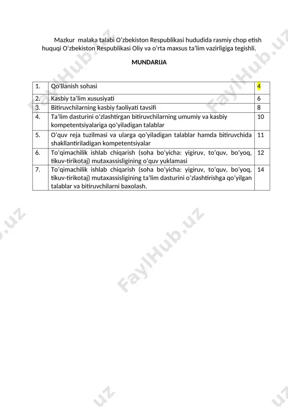 araz qilish, yorug’likni sezish, faol va tez xotirlash, harakat xotirasi va moslashuvchanlik. 2.3. ta’limni davom ettirish imkoniyatlari. to’qimachilik ishlab chiqarish mutaxassisligi bitiruvchisi keyinchalik kasbiy ta’limini chuqurlashtirish maqsadida: kadrlar malakasini oshirish tizimida, tarmoq o’quv muassasalarida va maxsus kurslarida malakani oshirishi; kasbiy faoliyatning tegishli sohasida yanada yuqoriroq malakaga erish maqsadida oliy ta’lim muassasasida o’qishni davom ettirishi mumkin. 2.4. o’qishga qabul shartlari. o’qishga qabul shartlari amaldagi qonunchilik asosida amalga oshiriladi. 3. bitiruvchilarning kasbiy faoliyati tavsifi 3.1. bitiruvchining kasbiy faoliyat sohasi: to’qimachilik mashinalari va stanoklari ishlab chiqarish, maishiy xizmat ko’rsatish korxonalarida unversal va maxsus mashinalari, namlab isitib ishlash jixozlari va moslamalarida to’qimachilikda mehnat muhofazasi, texnika xavfsizlik qoidalariga amal qilgan holda bajarish. 3.1. bitiruvchining kasbiy faoliyat ob’ektlari: 3.1.1. texnik-texnolog kvalifikatsiyasi bo’yicha: to’quvchilik mashinalari va stanoklari; qayta o’rash mashinalari va avtomatlari; oharlash mashinalari; tanda iplarini ulash uskunasi; to’quv dastgohlari; 3..2. to’qimachilik ishlab chiqarish kasbi bo’yicha ta’lim oluvchi quydagi faoliyat turlariga tayyorlanadi: to’quvchilik mashinalari to’qish ishlarini boshqarish; …