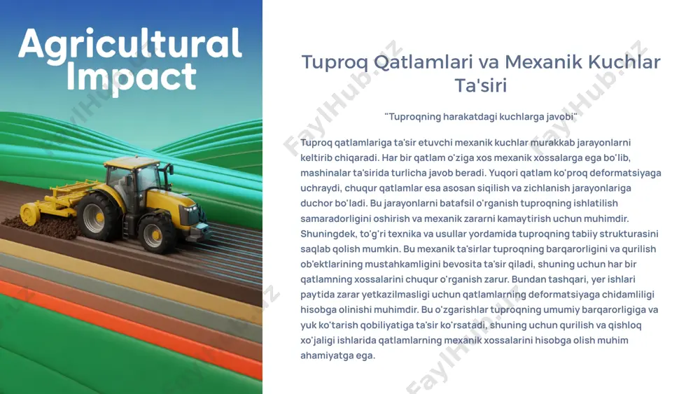 ta'sir etuvchi mexanik kuchlar murakkab jarayonlarni keltirib chiqaradi. har bir qatlam o'ziga xos mexanik xossalarga ega bo'lib, mashinalar ta'sirida turlicha javob beradi. yuqori qatlam ko'proq deformatsiyaga uchraydi, chuqur qatlamlar esa asosan siqilish va zichlanish jarayonlariga duchor bo'ladi. bu jarayonlarni batafsil o'rganish tuproqning ishlatilish samaradorligini oshirish va mexanik zararni kamaytirish uchun muhimdir. shuningdek, to'g'ri texnika va usullar yordamida tuproqning tabiiy strukturasini saqlab qolish mumkin. bu mexanik ta'sirlar tuproqning barqarorligini va qurilish ob'ektlarining mustahkamligini bevosita ta'sir qiladi, shuning uchun har bir qatlamning xossalarini chuqur o'rganish zarur. bundan tashqari, yer ishlari paytida zarar yetkazilmasligi uchun qatlamlarning deformatsiyaga chidamliligi hisobga olinishi muhimdir. bu o'zgarishlar tuproqning umumiy barqarorligiga va yuk ko'tarish qobiliyatiga ta'sir ko'rsatadi, shuning uchun qurilish va qishloq xo'jaligi ishlarida qatlamlarning mexanik xossalarini hisobga olish muhim ahamiyatga ega. tuproqning mexanik xossalarini o'lchash usullari zichlik o'lchash tuproq zichligini o'lchash uchun penetrometr, zichlik o'lchagich va laboratoriya usullari qo'llaniladi. optimal zichlik 1.2-1.4 g/sm³ orasida bo'lishi kerak. maydon …