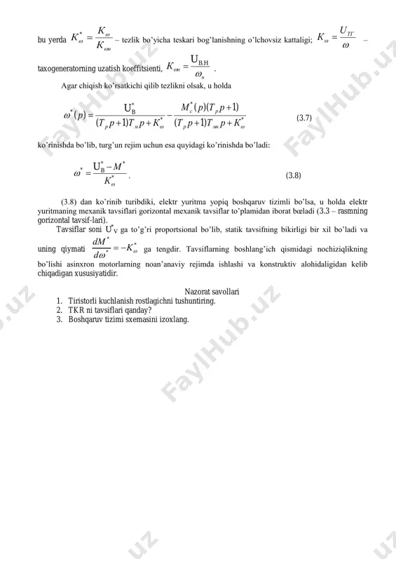 n xususiyatidir. nazorat savollari 1. tiristorli kuchlanish rostlagichni tushuntiring. 2. tkr ni tavsiflari qanday? 3. boshqaruv tizimi sxemasini izoxlang.