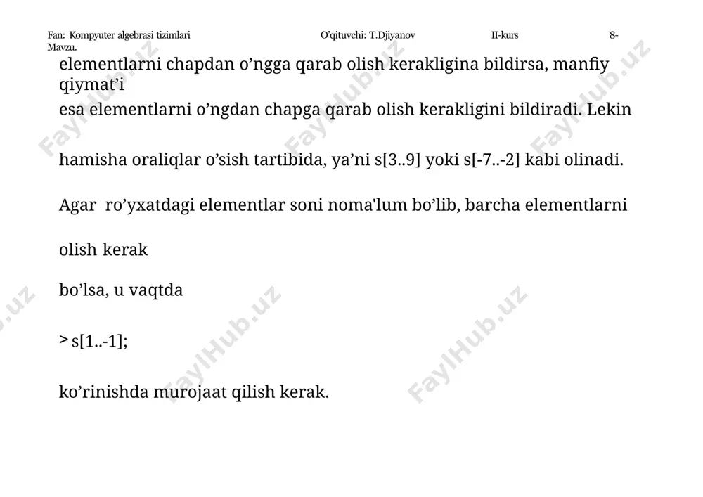 zimlari o’qituvchi: t.djiyanov ii-kurs 8-mavzu. misol-2 x2  1 y  x uzlukli funksiyaning grafigini chizish: plot(x/(x^2-1),x=-3..3,y=-3..3,color=magenta); misol-3. y  sin 2t , x  cos3t , 0  t  2 parametrik berilgan egri chiziqlarning grafigini ramkada chizish: plot([sin(2*t),cos(3*t),t=0..2*pi], axes=boxed, color=blue); fan: kompyuter algebrasi tizimlari o’qituvchi: t.djiyanov ii-kurs 8-mavzu. koordinatalar tekisligida   1  cos kardioidalar grafigini misol-4. yasash: nomi bilan x=0..2*pi, title="cardioida", coords=polar, color=coral, plot(1+cos(x), thickness=2); misol-5. ikkita fuksiya grafikni bitta rasmda yasash: y  ln(3x  1) funksiyaning 2 y  3 x  ln2 grafigi va unga urinuvchi funksiyaning grafigi, ii-kurs 8-mavzu. fan: kompyuter algebrasi tizimlari o’qituvchi: t.djiyanov plot([ln(3*x-1), 3*x/2-ln(2)], x=0..6, scaling=constrained, color=[violet,gold], linestyle=[1,2], thickness=[3,2]); oshkormas funksiyaning grafigini yasash. ii-kurs 8-mavzu. fan: kompyuter algebrasi tizimlari agar funksiya o’qituvchi: t.djiyanov f(x, y)  0 ko’rinishda berilgan bo’lsa, u holda ushbu funksiya noaniq funksiya hisoblanadi. uchun plots grafikli paketdan noaniq funksiyaning grafigini yasash implicitplot komanda ishlatiladi: implicitplot(f(x,y)=0,x=x1..x2,y=y1..y2). …