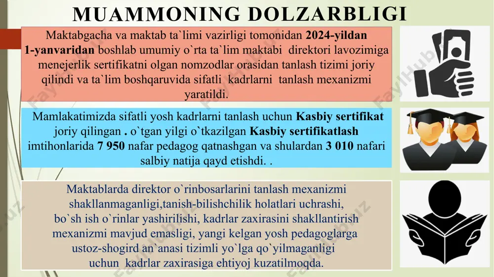 orasidan saralab olish. maktabda ilmiy va ma`naviy sohalarda ijodiy guruhlarni shakllantirish va ushbu yo`nalishda faol bo`lgan kadrlarni rag`batlantirib borish, rahbar kadrlardan kutilmaganda ishdan ketishi, yoki boshqa ishga o`tishi ta`limga jiddiy zarar berishini hisobga olgan holda “dublyor” kadrlar zaxirasini tayyorlab borish. maktab ma`muriyati kadrlar zaxirasi uchun maxsus elektron platforma joriy qilish, uchbu platformada bo`sh ish o`rinlari, ishga joylash uchun shaffof tanlov bosqichlarini shakllantirish vazifalar diqqat e`lon namangan viloyati mingbuloq tumani 15-maktabga quydagi fanlar bo`yicha bo`sh ish o`rinlariga tanlov asosida malakali o`qituvchilarni taklif qiladi: kimyo 20 soat fizika 22 soat boshlang`ich ta`lim 18 soat manzil: mingbuloq tumani kichik jomashuy mfy al farg`oniy ko`chasi 59-uy murojat uchun: (+998) 906996062 maktab direktori: mamatqulov baxtiyor mavzu yuzasidan xorijiy davlatlar tajribalari. yaponiyada yaponiyada o`qituvchilik lavozimiga kirish uchun nomzodlar “ko`ikka” deb ataladigan davlat imtihonlarini topshirishlari kerak. ushbu imtihonlar o`qituvchilik qobiliyatlarini, pedagogik yondashuvlarni fani bo`yicha chuqur bilimlarni baholaydi. yaponiyada maktab direktori o`rinbosarini tayinlash jarayonlari. 1. talablar va malaka, …