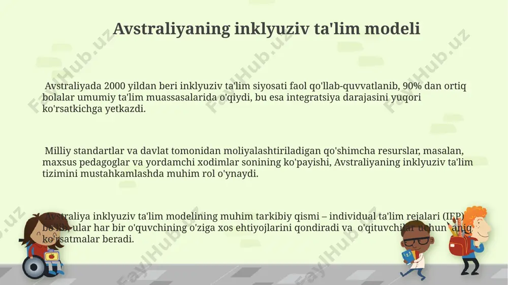 quv jarayonini individualizatsiya qilishga, ya'ni har bir o'quvchining o'ziga xos ehtiyojlari va qobiliyatlarini hisobga olishga asoslangan bo'lib, bu esa o'quv natijalarini sezilarli darajada yaxshilashga yordam beradi. finlyandiyada inklyuziv ta'limning muvaffaqiyati, 90% ga yaqin bolalarni umumiy ta'lim muassasalarida o'qitishni ta'minlash bilan bog'liq bo'lib, bu esa maxsus ehtiyojli bolalar uchun integratsiya darajasining yuqoriligini ko'rsatadi. ispaniyadagi inklyuziv ta'lim siyosati ispaniyaning inklyuziv ta’lim strategiyasi "lomce" (ley orgánica para la mejora de la calidad educativa) qonuni bilan mustahkamlab qo‘yilgan bo‘lib, uning asosiy maqsadi barcha o‘quvchilar uchun teng imkoniyatlarni ta’minlashdir. ispaniyada inklyuziv ta’limning samaradorligini baholash uchun milliy darajada davriy monitoring va baholash tizimi mavjud bo‘lib, unda 2022 yilgi ma’lumotlarga ko‘ra, maxsus ehtiyojli bolalar sonining 80% dan ortig‘i umumiy ta’lim muassasalarida ta’lim oladi. ispaniyada 2006-yildan boshlab inklyuziv ta’lim siyosati faol ravishda amalga oshirilib, maktablarga qo‘shimcha resurslar va o‘qituvchilar tayyorlash bo‘yicha 15% gacha mablag’ ajratilgan. inklyuziv ta'limni joriy etishdagi xalqaro tajribalar kanada o'zining inklyuziv ta'lim tizimini rivojlantirishda 30 …
