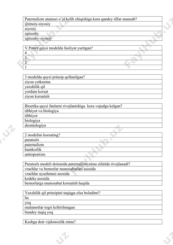 ublikasi sog‘liqni saqlash vazirligi tomonidan belgilanadi. fuqarolar sog‘lig‘ini saqlashning asosiy prinsiplariga mos kelmaydigan javobni belgilang? fuqarolarning sog‘liqni saqlashga doir huquqlari davlat tomonidan kafolatlanishini ta’minlash; sog‘liqni saqlash sohasida inson huquqlariga rioya qilinishi; profilaktika chora-tadbirlarining ustunligi; tibbiyot fanining amaliyot bilan birligi; mahalliy davlat hokimiyati organlarining fuqarolar sog‘lig‘ini saqlash sohasidagi vakolatlariga oid qonunga mos ta’rifni aniqlang? sog‘liqni saqlash tizimining boshqaruv organlarini shakllantirish, uning muassasalari tarmog‘ini rivojlantirish; fuqarolar sog‘lig‘ini saqlash sohasida maqsadli davlat dasturlarini amalga oshiradi; davlat tomonidan kafolatlangan hajm doirasida aholiga birlamchi tibbiy-sanitariya yordami ko‘rsatilishini tashkil etadi; tibbiyot va farmatsevtika faoliyatini litsenziyalashni belgilangan tartibda amalga oshiradi; nogironlar va tibbiy-ijtimoiy himoyaga muhtoj shaxslarning kuch-quvvatini tiklaydigan muassasalar tashkil etish va ular faoliyatini ta’minlash; oilani, onalik va bolalikni muhofaza qilish chora-tadbirlarini amalga oshirish qonunning qaysi bandi bilan himoyalangan? 6-modda mahalliy davlat hokimiyati organlarining fuqarolar sog‘lig‘ini saqlash sohasidagi vakolatlari 7-modda sog‘liqni saqlash tizimi 4-modda o‘zbekiston respublikasi vazirlar mahkamasining fuqarolar sog‘lig‘ini saqlash sohasidagi vakolatlari 5-modda o‘zbekiston respublikasi sog‘liqni …