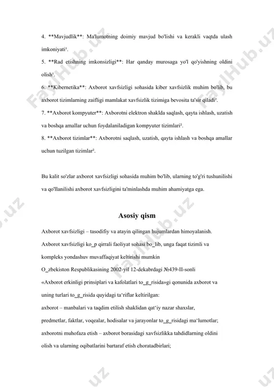 hujjatlashtirilgan axborot, bosma, audio, audiovizual hamda boshqa xabarlar va materiallar; hujjatlashtirilgan axborot – identifikatsiya qilish imkonini beruvchi rekvizitlari qo‗yilgan holda moddiy jismda qayd etilgan axborot; maxfiy axborot – foydalanilishi qonun hujjatlariga muvofiq cheklab qo‗yiladigan hujjatlashtirilgan axborot. ushbu ta‘rif o‗zbekiston respublikasi vazirlar mahkamasining «o‗zbekiston respublikasi prezidentining «milliy axborot resurslarini muhofaza qilishga doir qo‗shimcha chora-tadbirlar to‗g‗risida» 2011-yil 8-iyuldagi pq–1572-son qarorini amalga oshirish choratadbirlari haqida»gi 2011-yil 7-noyabr 296sonli qarorida quyidagicha ifodalangan: maxfiy axborot – o‗zbekiston respublikasi qonun hujjatlariga muvofiq foydalanish cheklangan, davlat sirlariga mansub axborot mavjud bo‗lmagan hujjatlashtirilgan axborot. konfedensial axborot – hujjatlashtirilgan axborot, undan foydalanish qonun hujjatlariga muvofiq chegaralanadi. saqlash, o‗zgartirish, uzatish va ma‘lum maqsadlar uchun foydalanish obyekti bo‗lgan tevarak olam haqidagi ma‘lumotlarni, keng ma‘noda axborot deb tushunish mumkin. bu tushunchaga ko‗ra inson, uning hayot tarziga va harakatlariga ta‘sir etuvchi doimiy o‗zgaruvchi axborot maydoni ta‘sirida bo‗ladi. axborot o‗z tavsifiga ko‗ra siyosiy, harbiy, iqtisodiy, ilmiy-texnik, ishlab chiqarishga yoki tijoratga oid hamda maxfiy, konfedensial …