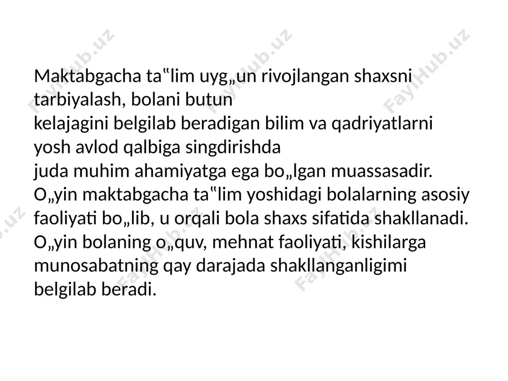 ingan o„yin bola shaxsini har tomonlama o„stiradi va shuning bilan birga bolaning butun psixik jarayonlarida – sezish, idrok, diqqat, xotira, tafakkur, hayol va irodani ildam rivojlanishiga yordam beradi. o„yin o„z mohiyati jihatidan katta kishilarning xatti-harakatlari va xulq-atvorlariga faol taqlid qilishdan iborat bo„lishi tufayli bolalarda ma‟naviy sifatlarning mustahkamlanishi uchun va odob-axloq qoidalarini bilib olishlari uchun keng imkoniyatlar beradi. maktabgacha yoshdagi bola o„yin jarayonida shifokorlik yoki o„qituvchilik rolini bajarayotgan bo„lsa, shu kasbga tegishli barcha sifatlarni namoyon qilishga intiladi. ular o„yinga juda berilib ketsalar, bajarayotgan rollariga xos sifatlar shunchalik samimiy, ijodiy tarzda namoyon bo„ladi. bolalar uchun o„yin mazmunining hech bir chegarasi yo„q. maktabgacha yoshdagi bolalar kattalar hayotini hamma tomonlarini o„z o„yinlarida aks ettira oladilar. o„yinning ahamiyati bola shaxsining o„sib kamolotga yetishiga ta‟sir ko„rsatishdin iboratdir. o„yin har bir yosh bosqichda bolaning tevarak atrofdagi dunyoni va kishilar o„rtasidagi munosabatlarni bilib olishni ifodalaydi. bolaning moddiy dunyoga, kishilarga, o„z-o„ziga munosabati o„zgarayotgan o„yinda namoyon bo„ladi. bolalarning ehtiyojlari, istak, …