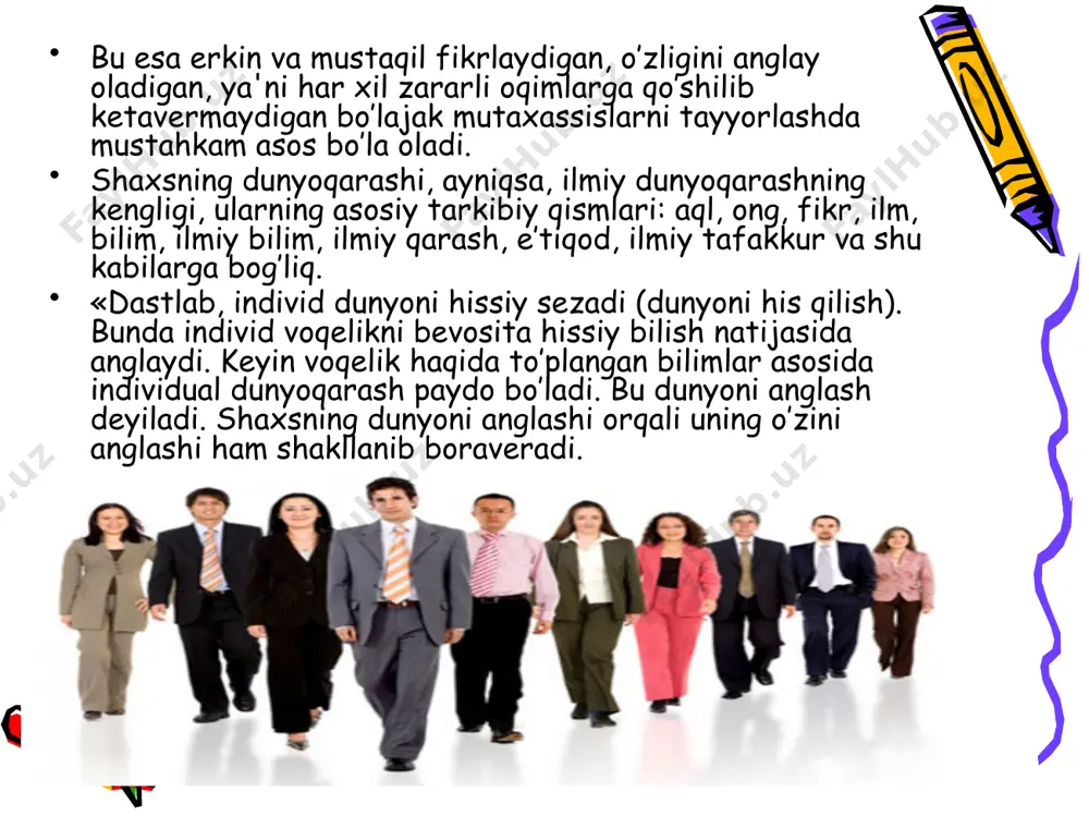 flardan ko’rinib turibdiki, dunyoqarash tushunchasi odamning, o’zining onadan tug’ilishi bilan dunyoni ko’rishidan boshlanib, yuksak intеllеktual salohiyatni egallagunga qadar rivojlanib boradi. ular «aql > ong > fikr > ilm > bilim > qarash > g’oya > ta'limot» tizim orqali rivojlanib, takomillashib boradi. mifologik dunyoqarash. bu afsonalarga, orzu–istaklarga, nodir qo’lyozmalar va shu kabilarga tayanuvchi dunyoqarashdan iboratdir. dunyoqarash, kishilik jamiyati turli davrlarida, ayniqsa qadimgi davrda yashovchi kishilar turmush tarzidan kеlib chiqib, avvalo, ular orzu–istak, istiqboli niyat ifodasida kishilik jamiyati oldida muammo sifatida paydo bo’ladi. ular voqеlikni turli rivoyatlar va afsonalar asosida tasvirlab, uni jonsiz tabiat elеmеntlari, qahramonlar, yovuz va xayrli kuchlarni aks ettiruvchi obrazlar tarzida bilishgan. tabiatdagi jonsiz jismlarni jonlantirib, olov, suv, havo, tabiat hodisalarini ham muayyan jonli obrazlarning namoyon bo’lishi, dеb hisoblaganlar. . jumladan, «uchar gilam», «oynai jahon», bеshik, yozuv, qog’oz, kitob bosish, bosmaxona, soat, radio, tеlеvizor, kino, tеlеfon, arximеd vinti, samolyotlar shular jumlasidandir. shu tariqa dunyoqarash ijtimoiy va an'anaviy idеallar shaklida …