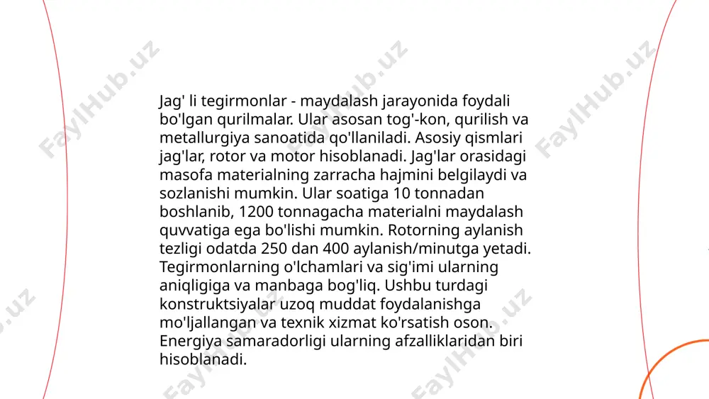 "jag'li tegirmonlar" odatda tog'-kon sanoatida qo'llaniladi. ularning asosiy texnik ko'rsatkichlari: jag'li og'irligi 0,5 dan 300 tonnagacha, o'lchamlari esa 0,6x0,6 metrdan 2x6 metrgacha bo'lishi mumkin. ishlash quvvati esa soatiga 5 tonnadan 2000 tonnagacha etadi. elektr dvigatel quvvati 5 kvt dan 500 kvt gacha, jag' ochilish oralig'i esa 40 mm dan 300 mm gacha o'zgaradi. ushbu ko'rsatkichlar jag'li tegirmonlarning samaradorligi va qo'llanilish sohalarini belgilaydi. yanada zamonaviy modellarda samaradorlik va energiya sarfini optimallashtiruvchi texnologiyalar qo'llaniladi. ... t.me/slaydai_bot 10. jag' li tegirmonlar xizmat muddati jag' li tegirmonlar xizmat muddati asosan material va foydalanish sharoitlariga bog'liq. umuman olganda, jag' li tegirmonlar odatda 10 000 soatdan 20 000 soatgacha xizmat qilishi mumkin. to'g'ri parvarish va texnik xizmat ko'rsatilsa, xizmat muddati uzayishi mumkin. tegirmonlarning ish unumdorligi va samaradorligi ham xizmat muddatini ta'sir qiladi. odatda jag' li tegirmonlar og'ir yuklar bilan ishlayotganida tez-tez tekshiruvdan o'tkazilishi lozim, chunki bu ularning ish qobiliyatini saqlab qolishga yordam beradi. materialning qattiqligi va …