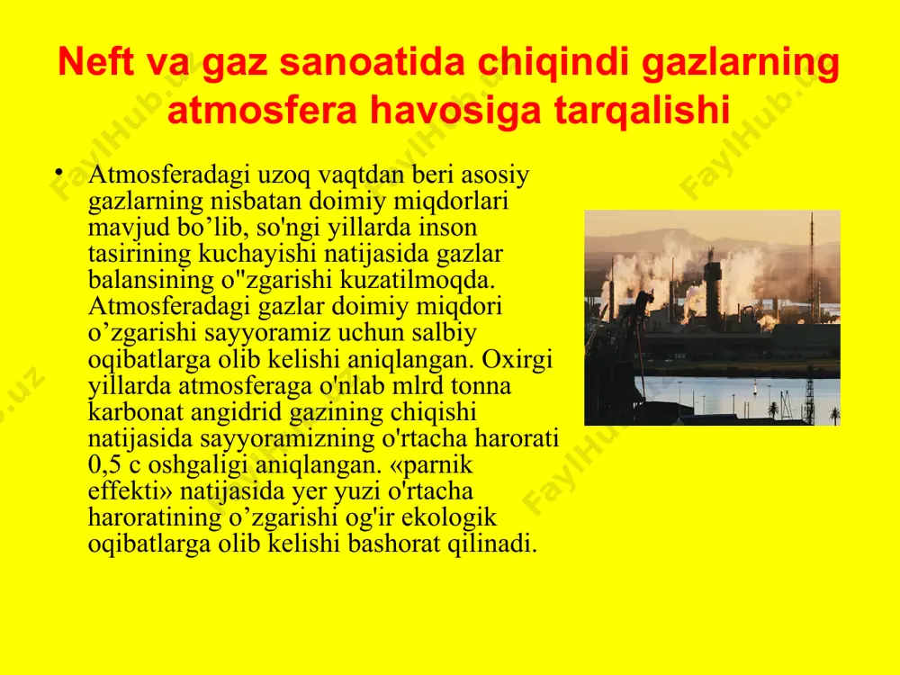 rning o'zlari amalga oshirishlari lozim bcf igan vazifadir. havo ifloslanishining oldini olish va kamaytirishning turli yo'llari mavjud. korxonalarda tozalash qurilmalari o'rnatiladi, zararli korxonalar shaxar chekkasiga chiqariladi. ishlab chiqarish texnologiyasini o'zgartirish, ayniqsa chiqindisiz texnologiyaga o'tish ushbu muammoni hal qilishning eng istiqbolli yo'llari hisoblanadi. hozirgi vaqtda havoning ifloslanishida avtotransportning hissasi oshib bormoqda. dunyo bo'yicha 500 mln.dan ortiq avtomobil har kuni havoga yuz minglab tonna zararli birikmalar chiqaradi. avtomobil tutunida 200 dan ortiq zararli birikmalar, shu jumladan o'pka raki va boshqa og'ir kasalliklarni keltirib chiqaruvchi birikmalar (benzapirin, qo'rg'oshin va boshqalar) mavjud. toshkent shahrida havo ifloslanishining 70 foizidan ortig'i avtotransport hissasiga to"g'ri keladi. o’zbekistonning boshqa yirik shaharlarida ham havo ifloslanishida transportning hissasi ortib bormoqda. o’zbekistonda aholi, sanoat va transport yuqori darajada to'plangan rayonlarida chiqindi gazlarning atmosfera havosiga tarqalishi kuchli seziladi. transport harakatini tartibga solish, metro, elektr transportini rivojlantirish, yoqilg'1 sifatini yaxshilash va boshqa tadbirlar yirik shaharlar havosining ifloslanishini kamaytirishda muhim ahamiyatga ega. ekologik toza …