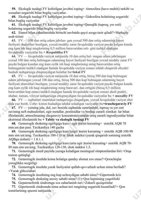 osmolyar koma bosqichi 39. astmatik status kechishida bosqichi( notugri javobni kursating )+gipoglikemik koma bosqichi 40. barbituratli koma davolashida birinchi chora:+nafas yullarini ochish 41. barbituratli komaning asosiy klinik belgisi nima?+markaziy genezli nafas yetishmovchiligi 42. barbituratli zaharlanishda neyrodejenerativ asoratlar sababi:+ hipoksiya 43. bolalarda gipertermik sindromning eng kup uchraydigan sabablari?+infeksion kasalliklar, gipervitaminoz, suvsizlanish 44. bosh miya qon aylanishi buzilishida universal (bazis) davolash bosqichlaridan biri:+ nafasni tiklash (intubatsiya, usv) 45. bosh miyada qon aylanishining utib ketuvchi buzilishlari keltirilgan katorni toping+tranzitor ishemiya xuruji. 46. bosh miyada qon aylanishining utib ketuvchi buzilishlari keltirilgan katorni toping+serebral gipertonik krizlar. 47. bradikardiya bu + yurak urishi sonining daqiqasiga 60 tadan kamayishi. 48. bradipnoe bu+ nafas sonining kamayishi. 49. buyrak tishmovchiligi ogirlik darajasi buyicha:( ogir )+ qondagi kreatinin miqdorining 6 va undan kup baravar ortishi. 50. buyrak tishmovchiligi ogirlik darajasi buyicha:( urtacha ogirliqda )+ qondagi kreatinin miqdorining 4-5 baravar ortishi. 51. buyrak tishmovchiligi ogirlik darajasi buyicha:( yengil:)+ qondagi kreatinin miqdorining …