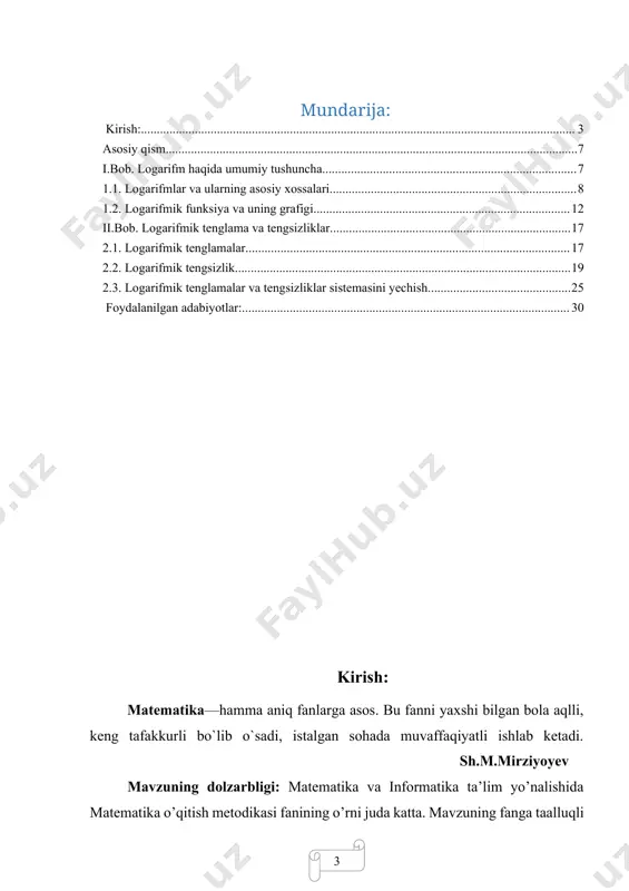 maqsadida matematika o’qitish metodikasi fanida logarifmik tenglama va tengsizliklar mavzusini boshqa fanlarga tadbiqini o’rganish bo’yicha nazariy va amaliy manbalar to’plandi. prezidentimiz sh.m.miromonovich tomonidan olib borilayotgan tub ijtimoiy islohotlarda ta’lim tizimini takomillashtirishga alohida e’tibor qaratilgan. chunki mustaqil o‘zbekistonni jahon hamjamiyati davlatlari orasida mustahkam o‘rin egallashi birinchi navbatda yuqori intellektual salohiyatga ega bo‘lgan, jahon andozalari talablariga javob bera oladigan raqobatbardosh kadrlar tayyorlashga bog‘liq bo‘ladi. jumladan, matematika va informatika ta’lim mutaxassislarinig o‘rni beqiyosdir. ushbu murakkab masalani ijobiy hal etilishida 5111700–«matematika va informatika» yo‘nalishi talabalari uchun «matematik analiz» fanining o‘qitilishi, fan yuzasidan ko’plab bilimlarni o’zlashtirish, fanning chuqur o’zlashtirishi kelajak avlodga bekami ko’st yetkazishimiz alohida ahamiyat kasb etadi. o‘zbekiston respublikasi prezidentining qarori: respublika oliy ta’lim muassasalariga talabalikka qabul qilingan iqtidorli yoshlarni yanada qo‘llab-quvvatlash chora-tadbirlari to‘g‘risida yoshlarni o‘z ustida muntazam ishlashga undash hamda bilimli yoshlarni yanada qo‘llab-quvvatlash, shuningdek, 2017 — 2021-yillarda o‘zbekiston respublikasini rivojlantirishning beshta ustuvor yo‘nalishi bo‘yicha harakatlar strategiyasini “yoshlarni qo‘llab-quvvatlash va aholi salomatligini mustahkamlash …