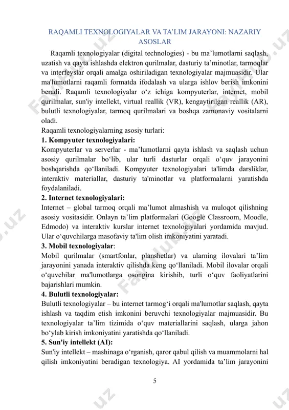 ishi nafaqat o‘quvchilarning bilim olish jarayonini, balki o‘qituvchilarning pedagogik faoliyatini ham o‘zgartirmoqda. quyida raqamli texnologiyalarning ta'limdagi ba'zi asosiy afzalliklari keltirilgan. 1. o‘quvchilarga mustaqil o‘rganish imkoniyatlarini yaratish raqamli texnologiyalar yordamida o‘quvchilar o‘zlarining individual o‘rganish tezliklariga mos ravishda mustaqil tarzda ta'lim olishlari mumkin. onlayn kurslar, elektron darsliklar, video darslar va interaktiv mashqlar o‘quvchilarga o‘z vaqtida va joyda bilim olish imkonini beradi. shu tarzda, o‘quvchilar o‘zlarining qiziqishlariga, tayyorgarlik darajalariga va ehtiyojlariga mos materiallarga kirish imkoniyatiga ega bo‘ladilar. 2. shaxsiylashtirilgan ta’lim sun'iy intellekt (ai) va analitika texnologiyalarining rivojlanishi ta'lim jarayonini yanada shaxsiylashtirish imkonini beradi. raqamli texnologiyalar o‘quvchilarning yutuqlarini va kamchiliklarini tahlil qilib, individual dars rejalarini yaratishga yordam beradi. adaptive learning (moslashuvchan o‘qish) tizimlari orqali har bir o‘quvchi uchun o‘ziga xos, moslashtirilgan o‘quv dasturlari ishlab chiqiladi. bu o‘z navbatida o‘quvchilarning muvaffaqiyatini oshiradi. 3. ta’limni interaktiv va qiziqarli qilish raqamli texnologiyalar o‘quvchilarni ta'lim jarayoniga yanada faolroq jalb qilish imkonini beradi. virtual reallik (vr) va kengaytirilgan reallik …