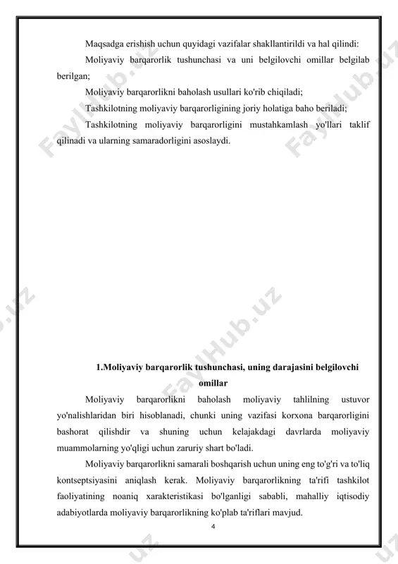 berman k. "moliyaviy barqarorlik - bu korxonaning umumiy barqarorligining ajralmas qismi, moliyaviy oqimlar muvozanati, tashkilotga ma'lum vaqt davomida o'z faoliyatini saqlab qolishga imkon beradigan mablag'larning mavjudligi, shu jumladan olingan kreditlarga xizmat ko'rsatish va moliyaviy resurslarning mavjudligi. mahsulotlar ishlab chiqarish. u asosan tashkilotning moliyaviy mustaqilligini belgilaydi. moliyaviy barqarorlik uzoq vaqt davomida to'lov qobiliyatining ko'rsatkichidir. iqtisodchi olimlarning yuqoridagi fikrlarini umumlashtirgan holda, ushbu ish muallifi moliyaviy barqarorlikning eng to'liq, har tomonlama va to'g'ri mohiyati quyidagi ta'rifni ochib beradi, deb hisoblaydi: moliyaviy barqarorlik - bu uning moliyaviy resurslarining holati, ularni shakllantirish, taqsimlash va ishlatish, bunda korxona to'lovga layoqatli va kreditga layoqatli bo'lgan holda, o'z va qarz mablag'larini muvozanatli jalb qilish bilan faol investitsiya qilish va aylanma mablag'larni ko'paytirish, moliyaviy zaxiralarni yaratish va shu bilan uning rivojlanishi va daromadini ta'minlash qobiliyatiga ega. korxonaning moliyaviy-iqtisodiy holatini tahlil qilishning asosiy vazifalaridan biri uning moliyaviy barqarorligini tavsiflovchi ko'rsatkichlarni o'rganishdir. u zaxiralar va xarajatlarni ularni shakllantirishning o'z va qarz …