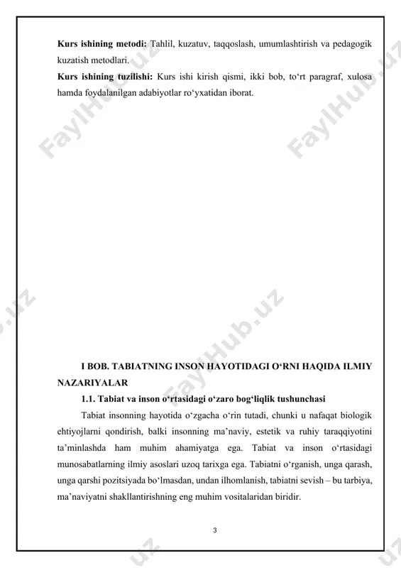 ivojlantirish uchun eng yaxshi manba deb hisoblaydi. ushinskiy ham o‘z asarlarida tabiatni bolalarga hissiy va estetik ta’sir o‘tkazishning eng yaxshi vositasi sifatida e’tirof etgan. prezident shavkat mirziyoyev ham bu borada muhim fikrlarni bildirgan. u “har bir bola tabiatni sevib ulg‘aymog‘i, uni asrab-avaylashga o‘rganmog‘i shart. chunki bugungi kichkina farzand – ertangi tabiat posboni bo‘ladi” deb ta’kidlagan (ilk qadam, 2021-yil). ushbu fikrda tabiatni asrash va unga hurmat bilan munosabatda bo‘lishning yosh avlod tarbiyasida qanday ahamiyat kasb etishi yoritilgan. tabiat va inson o‘rtasidagi o‘zaro bog‘liqlik tushunchasi, bir tomondan, insonning tabiiy muhiti bilan bevosita aloqasi, ikkinchidan, tabiatning insonning hayoti, taraqqiyoti, va farovonligiga ta’siri orqali izohlanadi. tabiat va inson o‘rtasidagi munosabatlar, tarixan, ikki asosiy yo‘nalishda rivojlangan: biotik (hayotiy) va antroposentrik (inson markazli) qarashlar. ——————————————————————- 1. shavkat mirziyoyev. ilk qadam. toshkent, “yangi asr avlodi”, 2021-yil. 2. a. komenskiy. didaktika buyuk san’ati. – m.: pedagogika, 1982. tabiat - keng ma'noda , olam va uning xilma-xil shakllari; tor …