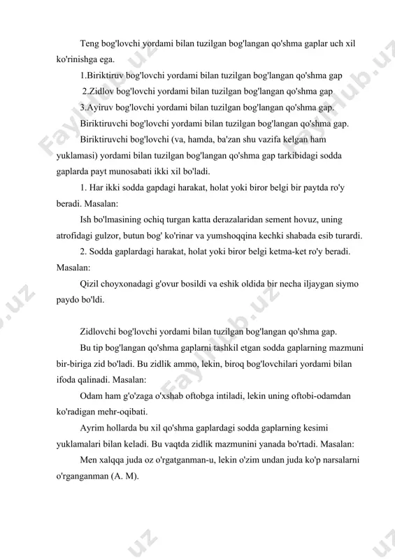 na orqali ham birikadi. bunday qo'shma gap tarkibidagi sodda gaplar bir paytda yoki turli paytda yuz bermagan voqea, xodisa yoki belgi-xususiyatlarini ifoda qiladi. masalan: nazarimda, sevgiga men ham qattiq tutildim, na kunduzi oromim bor, na uyquda halovat. (u) yuklama yordami bilan tuzilgan bog'langan qo'shma gap. yuklamalardan –u (-yu), -da bog'lovchi vazifasida kelib, ketma-ket yoki bir paytda ro'y beradigan voqealarni ifoda qiluvchi sodda gaplarni biriktiradi. masalan: daraxtlarning tanalariga hayot suvi yugurdi-da, ko'm-ko'k barglar mavj ura boshladi. (sh.r). bo'lsa, esa yordami bilan tuzilgan bog'langan qo'shma gap. qo'shma gap tarkibidagi sodda gaplar bo'lsa, esa yordamchilari bilan ham birikishi mumkin. bu vaqtda ular bir paytda yoki ketma-ket ro'y beradigan voqealarni ifoda qiladi. bularda, payt munosabatidan tashqari, qiyoslash ham ifoda qilinadi. masalan: arava tinmay g'ijirladi, yo'lovchilar esa so'zsiz borishardi. (s.z). o'q goh u tomondan, goh bu tomondan minut sayin g'uvillab o'tib turardi, begimjon-bo'lsa nima qilishini bilmay har tomonga alanglab turardi. (n.safarov). bog'langan qo'shma gaplarda tinish …