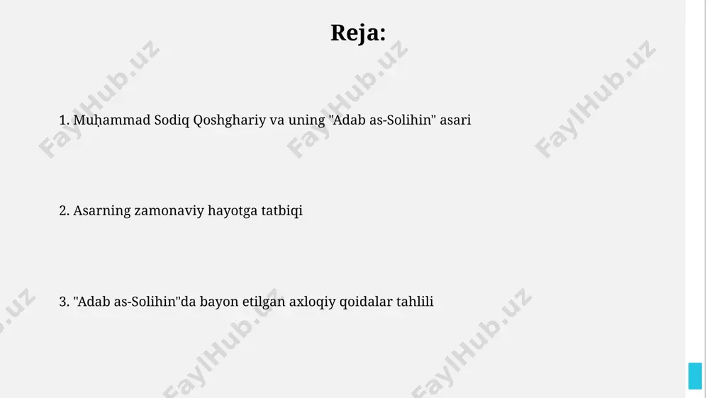 iladi, bu esa asarning adabiy jihatdan boyligiga hissa qo‘shadi. “adab as-solihin”ning 5 asr davomida o‘zbek tilida turli nusxalarda qayta nashr etilishi, uning adabiy merosimizdagi mustahkam o‘rnini va o‘zbek adabiyoti rivojiga qo‘shgan ulkan hissasini ko‘rsatadi. qoshgʻariy hayoti va ijodi uning "devonu lugʻotit-turk" asari 2 jilddan iborat boʻlib, 7500 dan ortiq turkiy soʻz va ularning ma’nolarini oʻz ichiga oladi, tilshunoslik tarixida muhim ahamiyatga ega. qoshgʻariyning asari turkiy tillarning oʻrganilishi va rivojlanishiga katta hissa qoʻshgan va hozirgi kunda ham lingvistika fanida muhim manba hisoblanadi, unda 10 ga yaqin lahja tavsifi mavjud. xulosa va xulosalar tadqiqot natijalariga ko'ra, "adab as-solihin" asari 200 dan ziyod diniy-axloqiy qoida va tavsiyalarga ega bo'lib, ularning 70 foizi oilaviy hayotga oid. kitobdagi 3 bobda keltirilgan amaliy masalalar va ularning yechimlari orqali 5 ta asosiy xulosa chiqarish mumkin, jumladan, ijtimoiy munosabatlarning ahamiyati haqida. kitobning tarkibi va tuzilishi kitob 40 bobdan iborat boʻlib, har bir bob maʼlum bir adabiy axloqiy mavzuga …