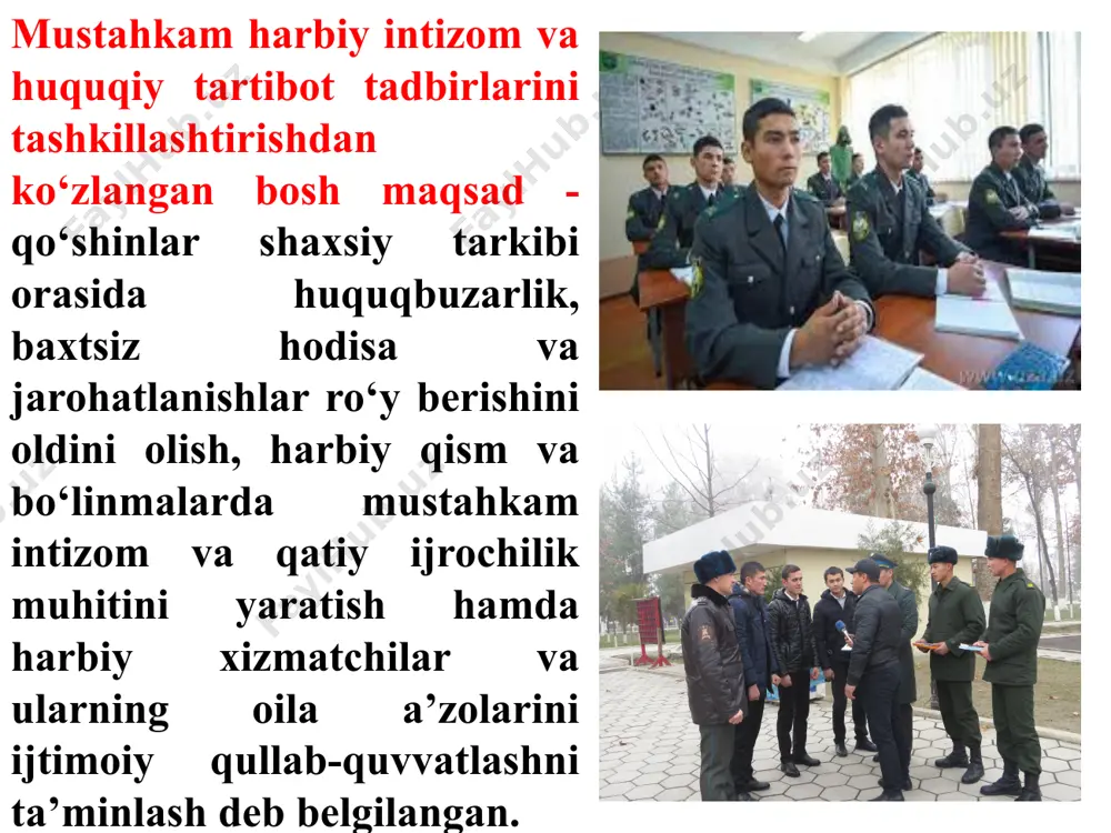 g tahlili, uning samaradorligi va yo‘l qo‘yilgan kamchiliklar to‘g‘risida hisobot (ushbu hujjat vzvod komandiri tomonidan ishlab chiqiladi, o‘z yo‘nalishi bo‘yicha komandirning tarbiyaviy va mafkuraviy ishlar bo‘yicha o‘rinbosari ma’lumot taqdim qiladi). 6. vzvodning haftalik xizmat faoliyati yakunlari bo‘yicha bayonnoma. batalonda rejalashtiriladigan hujjatlar: 1.batalon shaxsiy tarkibi bilan tarbiyaviy va mafkuraviy ishlar bo‘yicha oy davomida o‘tkaziladigan tadbirlar rejasi. 2.batalon shaxsiy tarkibining axloqiy-ruhiy holatini o‘rganish rejasi. 3.batalon shaxsiy tarkibining oylik xizmat faoliyati yakunini o‘tkazish rejasi. hisobot hujjatlari: 1.batalon boshqarmasi harbiy xizmatchilariga o‘zbekiston respublikasi jinoyat kodeksi moddalarini yetkazish jurnali. 2.batalon boshqarmasi harbiy xizmatchilariga xavfsizlik qoidalarini yetkazish jurnali. 3.batalon shaxsiy tarkibining shaxsga doir individual-psixologik xususiyatlarni o‘rganish kundaligi. 4.ma’naviy-ma’rifiy tayyorgarlik jurnali. 5.oy davomida jangovar va manaviy-ma’rifiy tayyorgarlik, harbiy intizom holatining tahlili, uning samaradorligi va yo‘l qo‘yilgan kamchiliklar to‘g‘risida hisobot (ushbu hujjat shtab boshlig‘i tomonidan ishlab chiqiladi, o‘z yo‘nalishi bo’yicha komandirning tarbiyaviy va mafkuraviy ishlar bo’yicha o’rinbosari ma’lumot taqdim qiladi). 6. batalon oylik xizmat faoliyati yakunlari bo‘yicha bayonnomasi. …