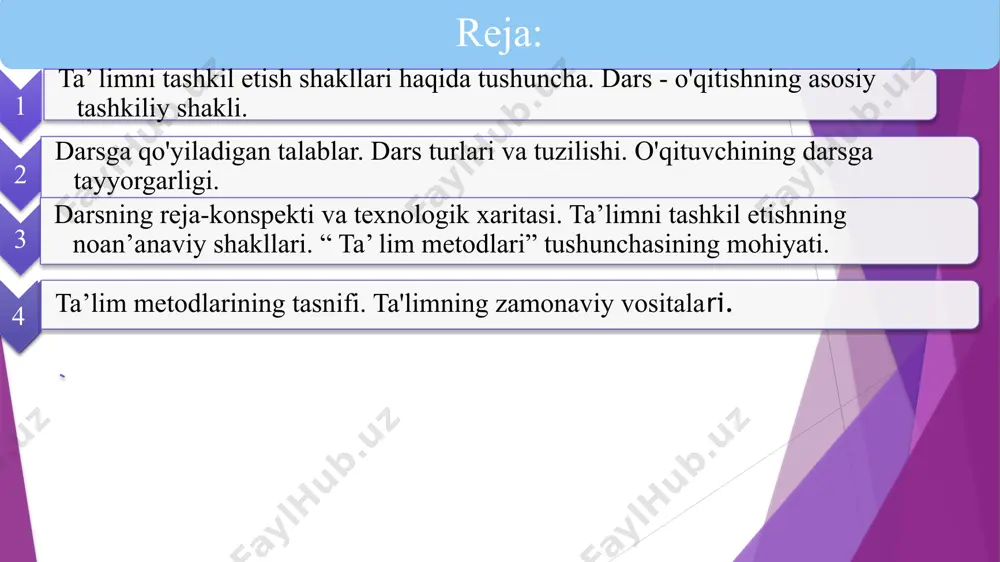 irgalikdagi o‘qish jarayonidir. dars o‘qitishning asosiy shakli bo‘lib, zamonaviy ta’lim tizimida muhim o‘rin tutadi. darsning xususiyatlari: belgilangan vaqt va joyda amalga oshiriladi (masalan, 45 daqiqalik o‘quv mashg‘uloti). o‘qituvchi va o‘quvchilar o‘rtasidagi muloqotga asoslangan. muayyan mavzu va maqsad asosida tashkil etiladi. darsning asosiy tarkibiy qismlari: didaktik maqsadlar bilim berish amaliyot ko’nikmalarni shakllantirish darsning tarkibiy qismlari bohshlanishi: mavzuga kirish o’quchilar e’tiborini jalb etish. asosiy qism: yangi materialni tushuntirish,amaliy topshiriqlarni bajarish dars shakllari ilmiylik: dars mazmuni ilmiy asosga ega bo’lishi kerak. faollik va mustaqillik:o’quvchilarning faol ishtirokini ta’minlash o’quvchilarni qiziqish va ijodiy slohiyatlarini rivojlantirish xulosa va tahlil: o’rganilayotgan mavzuni umumlashtirib va mustahkamlash tizimlilik va izchillik: o’quv materiali mantiqiy ketma-ketlik berilishi kerak. darsning afzalliklari strukturaviylik: belgilangan vaqt, reja va tartib asosida amalga oshiriladi. jamoaviylik: o‘quvchilar guruh bo‘lib ishlashni o‘rganadilar. universallik: dars har qanday fan va o‘quv bosqichida qo‘llanilishi mumkin darsning kamchiliklari ko‘pincha individual yondashuvni ta’minlash qiyin bo‘ladi. o‘quvchilarning faolligi yetarli darajada bo‘lmasligi mumkin. dars – …