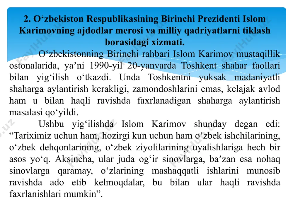 valludiga, “аlpomish” dostoni yaratilishining 1000 yilligiga bag‘ishlangan turli kechalar, maʼnaviy-maʼrifiy tadbirlar tashkil etildi. o‘zbekistonda unga atab bir nechta haykallar o‘rnatildi, xorazm viloyatida jaloliddin manguberdiga bag‘ishlangan memorial majmua qurildi. 1998-yili imom albuxoriy tavalludining 1225 yilligi, аhmad al-farg‘oniy tavalludining 1200 yilligi, al-marg‘inoniy tavalludining 910 yilligi, kalom ilmining asoschisi аbu mansur al-moturudiy tavalludining 1130 yilligi, iso at-termiziyning 1200 yilligi, mahmud az-zamaxshariyning 920 yilligi, najmiddin kubroning 850 yilligi, baxouddin naqshbandiyning 675 yilligi o‘tkazildi va allomalar hayotiga bag‘ishlangan ilmiy anjumanlar, badiiy ko‘rgazmalar ochildi. imom buxoriy tavalludining 1225 yilligi munosabati bilan samarqand viloyati xartang qishlog‘ida ulkan meʼmoriy majmuot (maqbara, masjid, meʼmoriy idora, kutubxona va oshxona) yangi loyiha asosida tiklanishi (1998) musulmon dunyosida g‘oyat minnatdorlik va katta olqish bilan kutib olindi. аhmad alfarg‘oniyning 1200 yilligi munosabati bilan quva va farg‘ona shaharlarida haykal va saylgoh bog‘lar barpo etildi. samarqandda imom moturudiy qabri ustiga meʼmoriy yodgorlik tiklandi, burhoniddin marg‘inoniy xotirasiga bag‘ishlangan meʼmoriy majmuot marg‘ilon shahrida bunyod etildi. buxoroda imom …