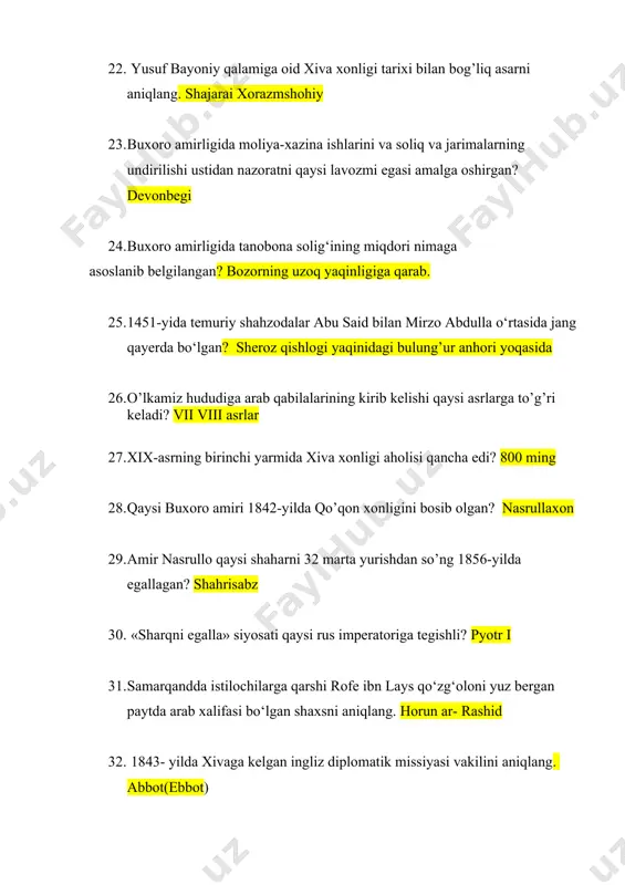 ralariuchun qozoqlar, jung‘orlar va qalmiqlarga qarshimuvaffaqiyatli kurash olib bordi? shimoliy ?saljuqiy sulton malikshoh nechinchi yilda samarqand va buxoroni egallagan? 1089-yil ?qadimgi tosh asri madaniyatining dunyoga mashhur yodgorligi teshiktosh kim tomonidan topilgan? okladnikov ?mezolit davriga tegishli bo‘lgan manzilgohlarni toping. obishir qo’shilish machay ? qaysi saljuqiy hukmdor davrida bu davlatning ham yuksalishi, ham halokatga yuz tutishi o‘ziga xos murakkab, ziddiyatli davr bo’lganidan darak beradi? sulton sanjar ?qaysi xorazmshoh davrida qoraxitoylar bilan kelishib, ularga har yili 30 ming dirham miqdorida o’lpon to’lash sharti bilan amalda o‘z davlatining ichki mustaqilligini ta’minlaydi? alovuddin otsiz ? orol dengizining shimoli-sharqidagi qadimgi yantsay shahri hozirgi qaysi shaharga to’g’ri keladi? qizil o’rda ? qadimgi qaysi davlat 70 dan ziyod katta-kichik shaharlardan iborat bo’lib, ularda savdo-sotiq, hunarmandchilik yuksak darajada rivojlangan. farg’ona ? yunon manbalarida qaysi qabila toharlar deb atalgan? yuechji ?qaysi kushon hukmdori davrida mamlakatda pul islohoti o‘tkazib, vazni 8 gr og’irlikdagi oltin tangalarni zarb qildirib muomalaga chiqartirgan? vima kadfiz …